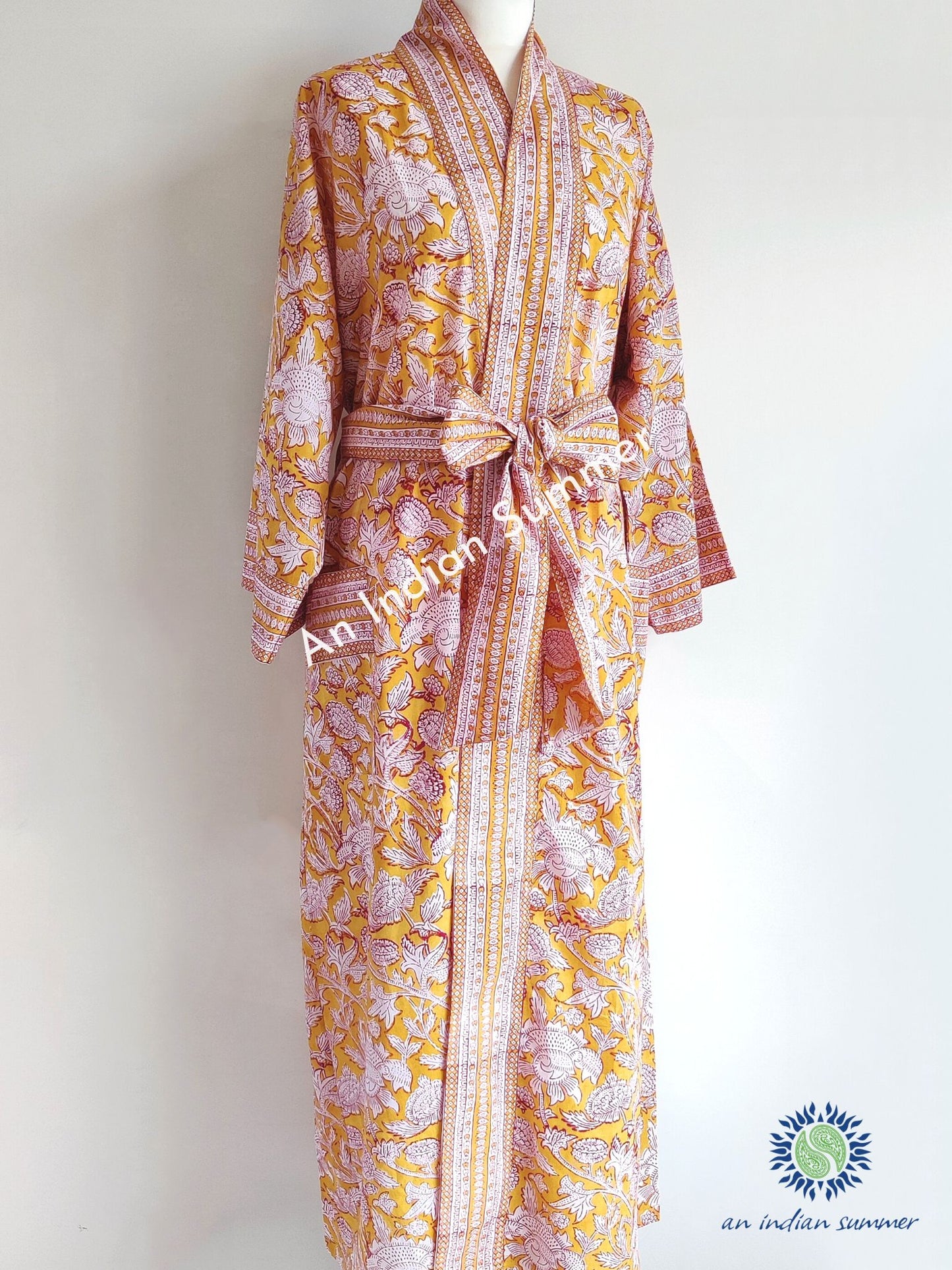 Long Kimono Robe | Thistle | Amber | Botanical Block Print | Hand Block Printed | Cotton Voile | An Indian Summer | Seasonless Timeless Sustainable Ethical Authentic Artisan Conscious Clothing Lifestyle Brand