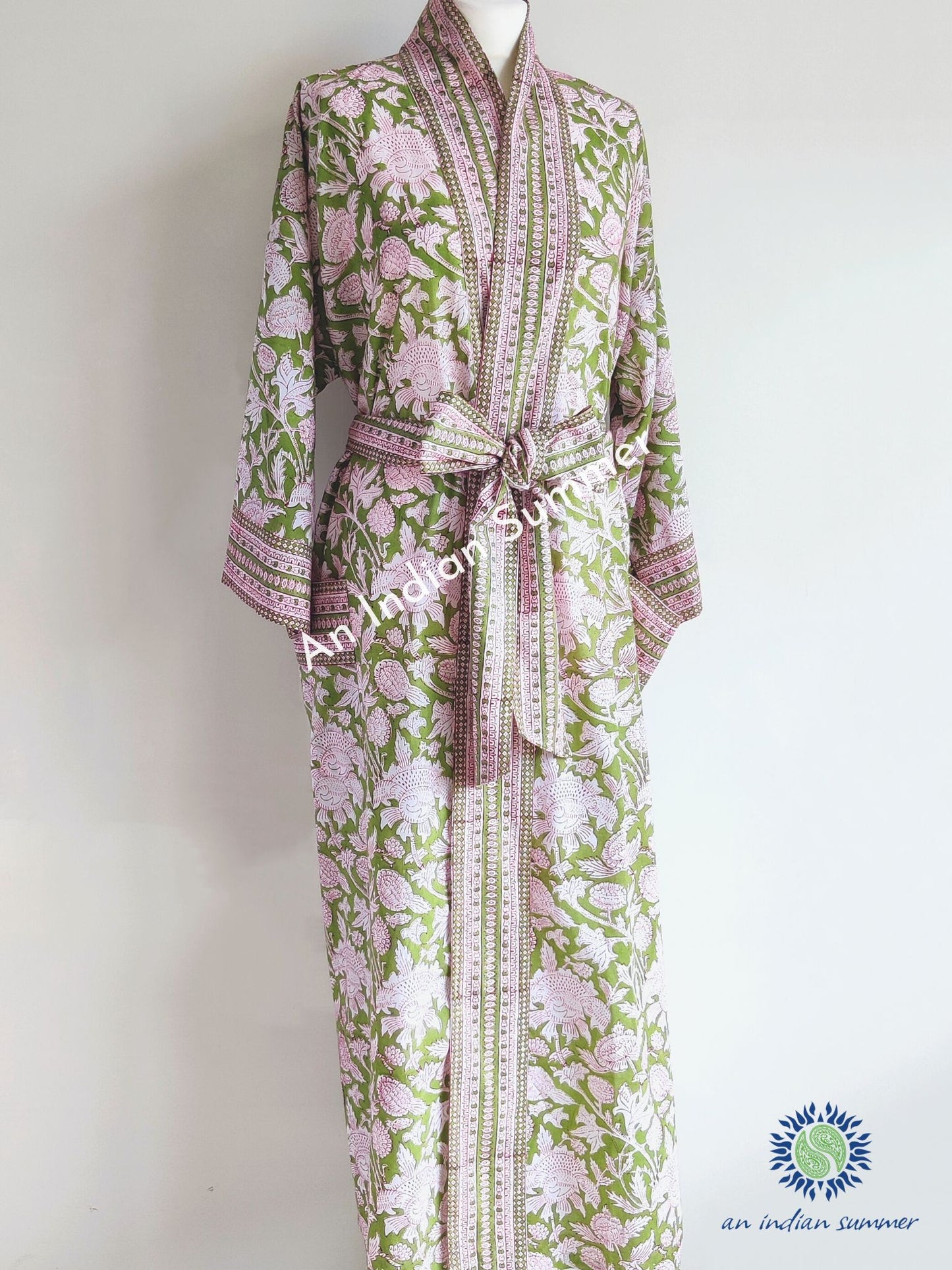 Long Kimono Robe | Thistle | Apple Green | Botanical Block Print | Hand Block Printed | Cotton Voile | An Indian Summer | Seasonless Timeless Sustainable Ethical Authentic Artisan Conscious Clothing Lifestyle Brand