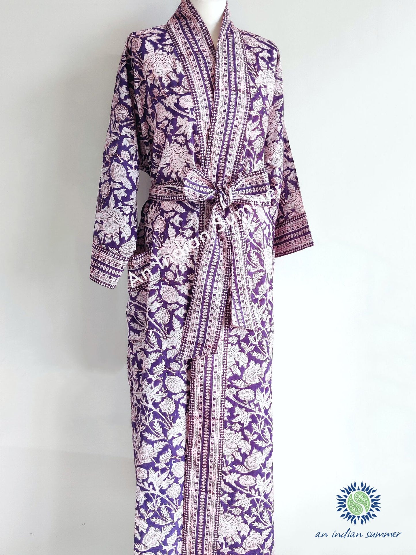Long Kimono Robe | Thistle | French Navy | Botanical Block Print | Hand Block Printed | Cotton Voile | An Indian Summer | Seasonless Timeless Sustainable Ethical Authentic Artisan Conscious Clothing Lifestyle Brand