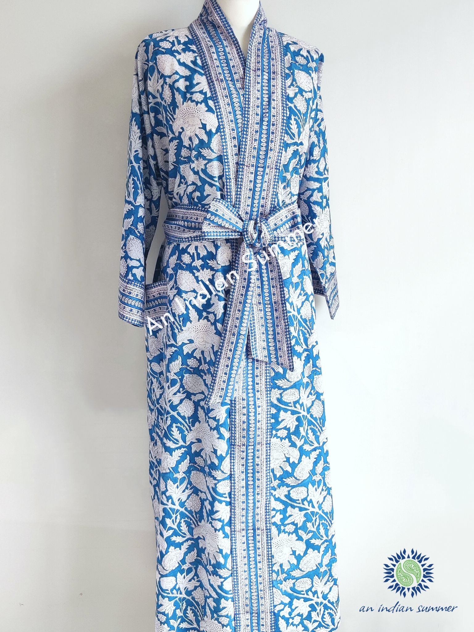 Long Kimono Robe | Thistle | Teal | Botanical Block Print | Hand Block Printed | Cotton Voile | An Indian Summer | Seasonless Timeless Sustainable Ethical Authentic Artisan Conscious Clothing Lifestyle Brand
