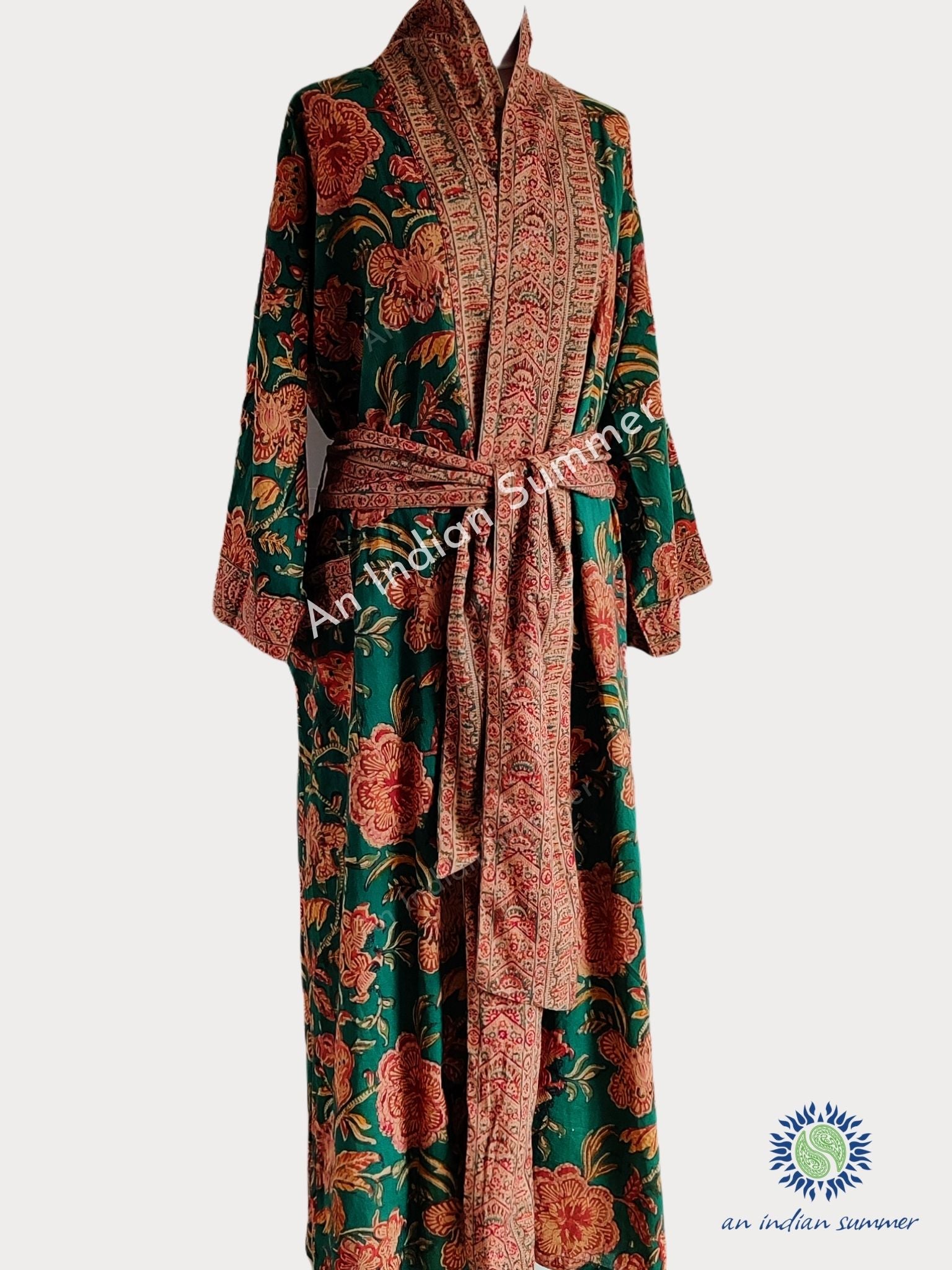 Long Kimono Robe | Tree of Life | Green | Wood Block Print | Hand Block Printed | Cotton | An Indian Summer | Seasonless Timeless Sustainable Ethical Authentic Artisan Conscious Clothing Lifestyle Brand