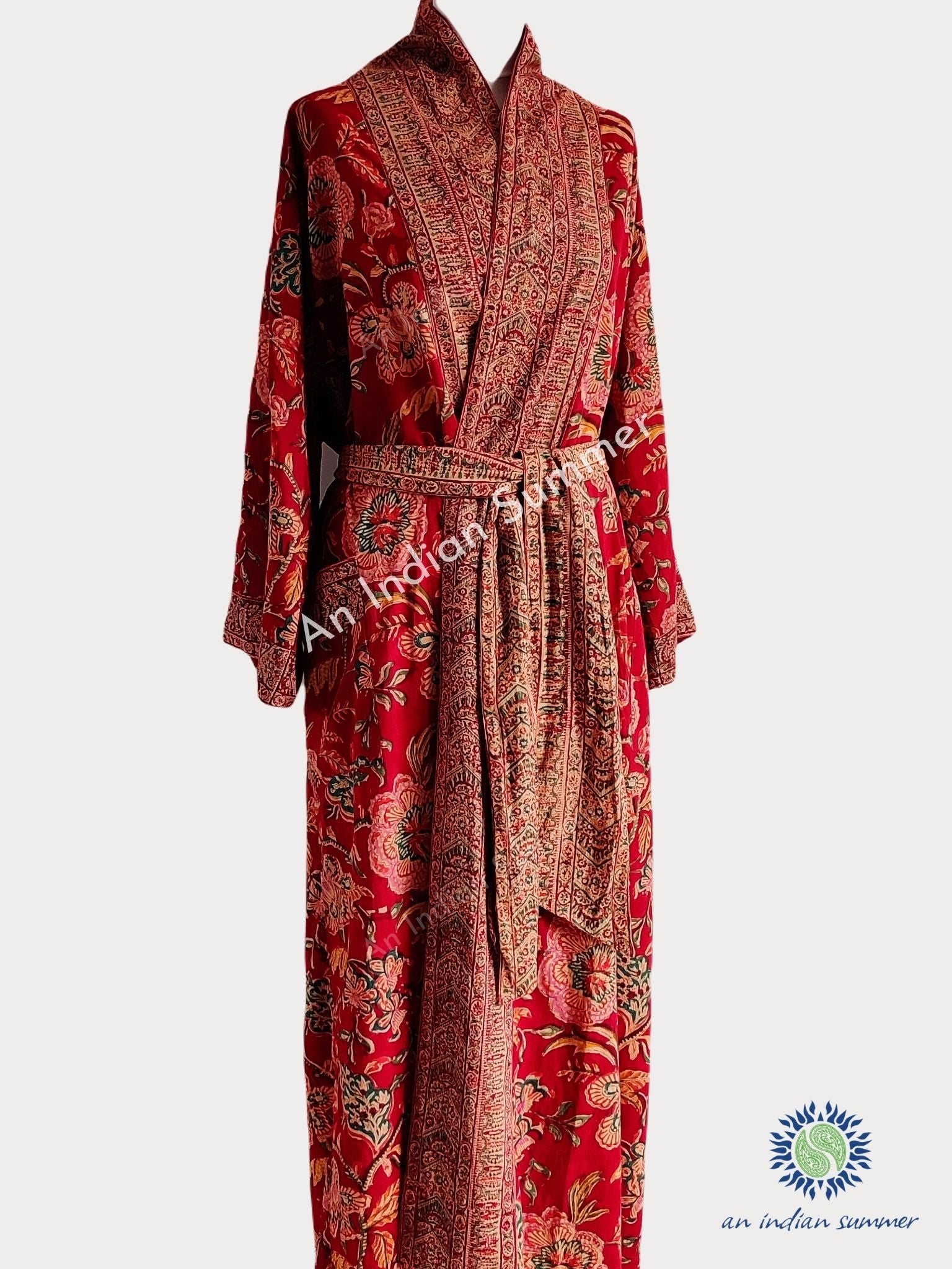 Long Kimono Robe | Tree of Life | Red | Wood Block Print | Hand Block Printed | Cotton | An Indian Summer | Seasonless Timeless Sustainable Ethical Authentic Artisan Conscious Clothing Lifestyle Brand