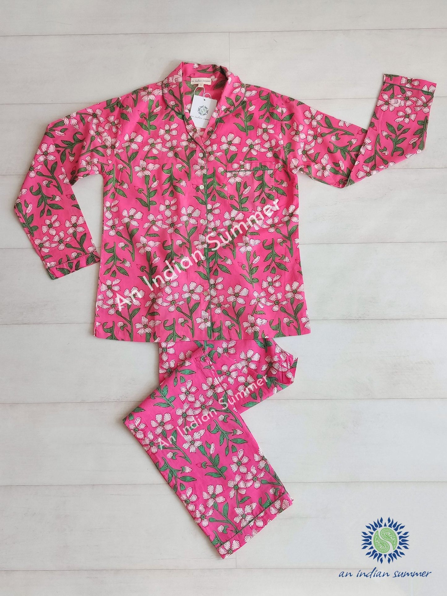 Long Pyjama Set Aster | Fuchsia | Hand Printed Cotton Voile | An Indian Summer | Authentic Timeless Seasonless Sustainable Ethical Artisan Conscious Responsible Clothing