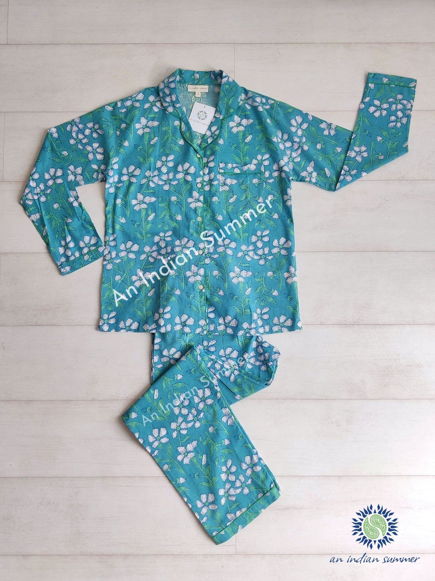 Long Pyjama Set Aster | Ocean | Hand Printed Cotton Voile | An Indian Summer | Authentic Timeless Seasonless Sustainable Ethical Artisan Conscious Responsible Clothing