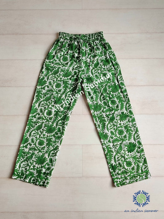 Lounge Pants | Birdsong | Green | Wood Block Print | Hand Block Printed | Cotton | An Indian Summer | Seasonless Timeless Sustainable Ethical Authentic Artisan Conscious Clothing Lifestyle Brand