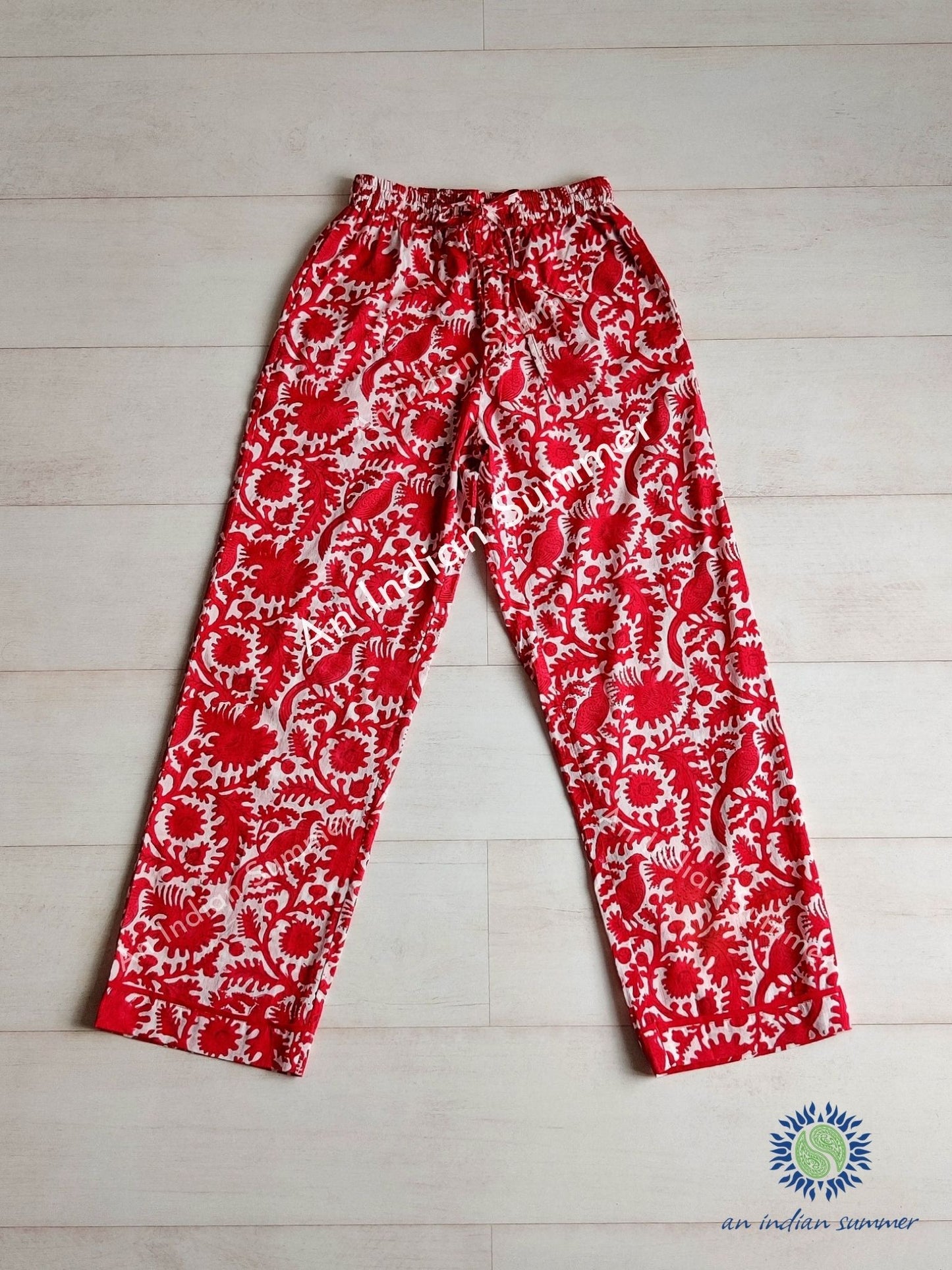 Lounge Set Birdsong Red | Short Kimono Robe & Lounge Pants | Hand Block Printed | Cotton | An Indian Summer | Seasonless Timeless Sustainable Ethical Authentic Artisan Conscious Clothing Lifestyle Brand
