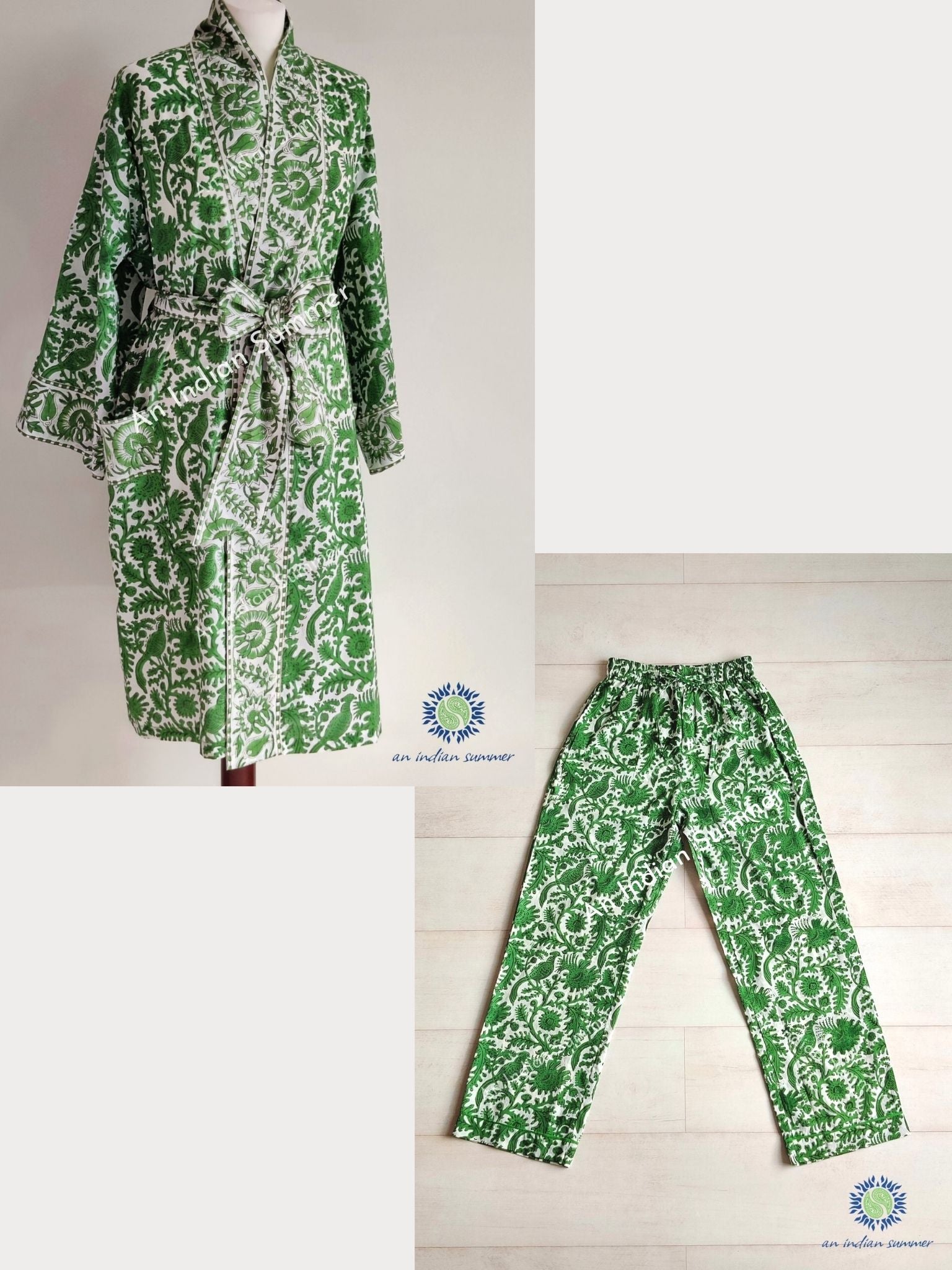 Lounge Set Birdsong Green | Short Kimono Robe & Lounge Pants | Hand Block Printed | Cotton | An Indian Summer | Seasonless Timeless Sustainable Ethical Authentic Artisan Conscious Clothing Lifestyle Brand