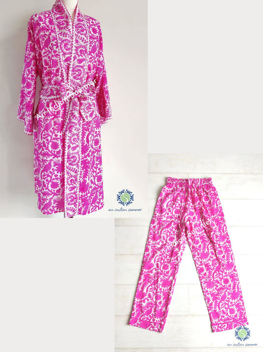 Lounge Set Birdsong Pink | Short Kimono Robe & Lounge Pants | Hand Block Printed | Cotton | An Indian Summer | Seasonless Timeless Sustainable Ethical Authentic Artisan Conscious Clothing Lifestyle Brand