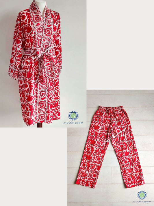 Lounge Set Birdsong Red | Short Kimono Robe & Lounge Pants | Hand Block Printed | Cotton | An Indian Summer | Seasonless Timeless Sustainable Ethical Authentic Artisan Conscious Clothing Lifestyle Brand