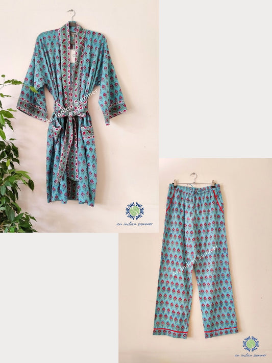 Lounge Set Jasmine Aqua | Short Kimono Robe & Lounge Pants | Hand Block Printed | Cotton | An Indian Summer | Seasonless Timeless Sustainable Ethical Authentic Artisan Conscious Clothing Lifestyle Brand