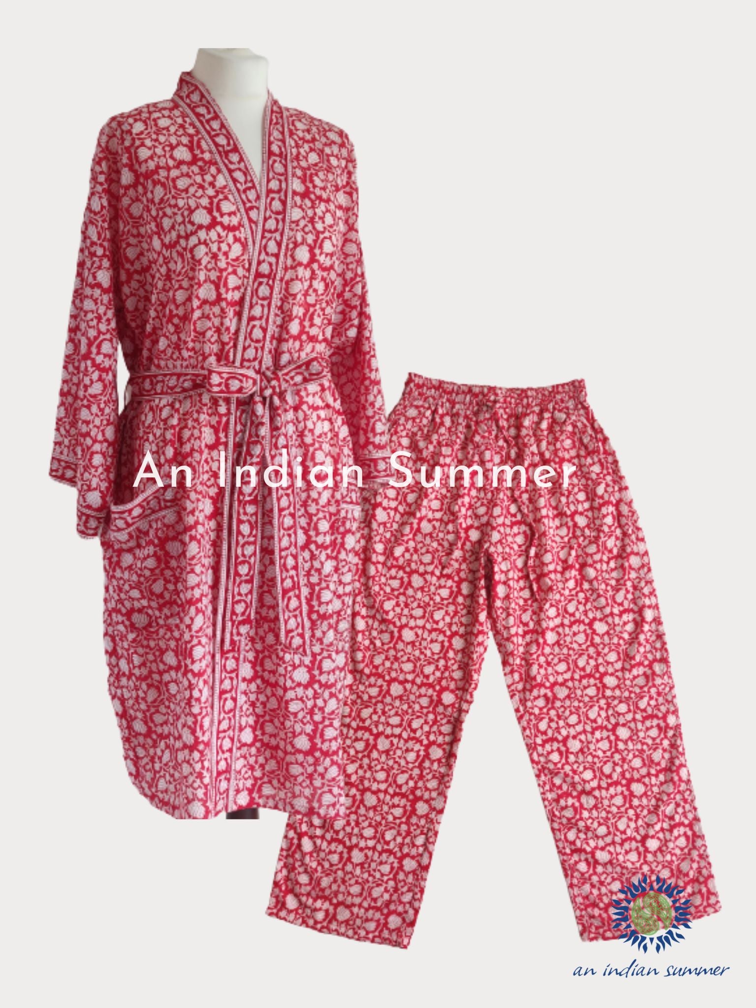 Lounge Set Nalini Red | Short Kimono Robe & Lounge Pants | Hand Block Printed | Cotton | An Indian Summer | Seasonless Timeless Sustainable Ethical Authentic Artisan Conscious Clothing Lifestyle Brand