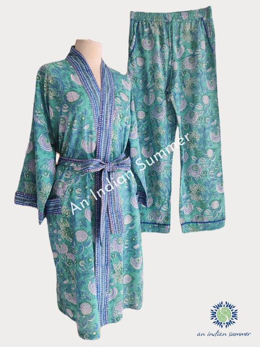 Lounge Set Tapestry Aqua | Short Kimono Robe & Lounge Pants | Hand Block Printed | Cotton | An Indian Summer | Seasonless Timeless Sustainable Ethical Authentic Artisan Conscious Clothing Lifestyle Brand