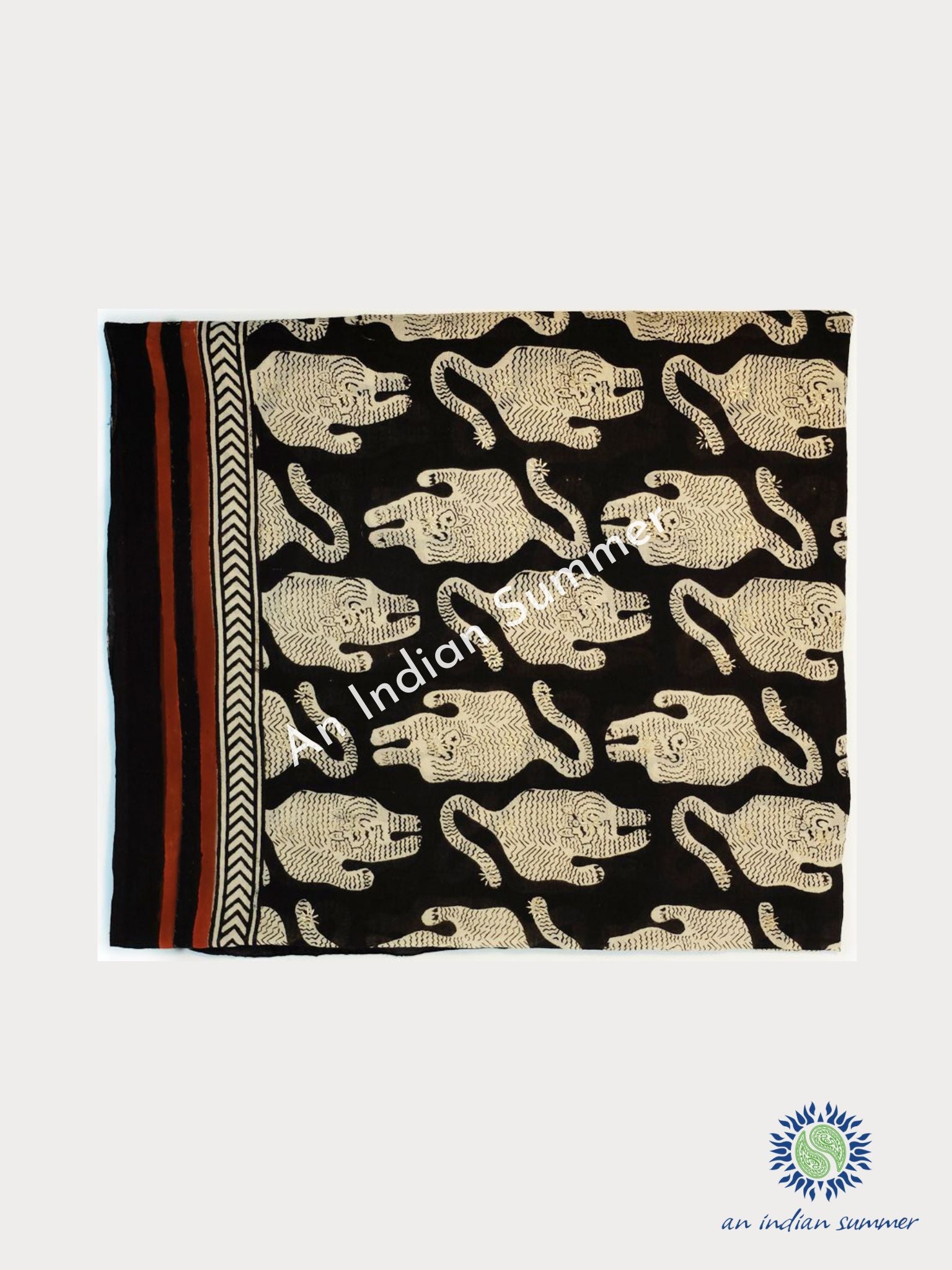Black Tiger Sarong Pareo | Natural Dyed Plant Dye | Abstract Tiger Design Block Print | Hand Block Printed | Soft Cotton Voile | An Indian Summer | Luxury Resortwear Swimwear Beachwear | Seasonless Timeless Sustainable Ethical Authentic Artisan Conscious Clothing Lifestyle Brand