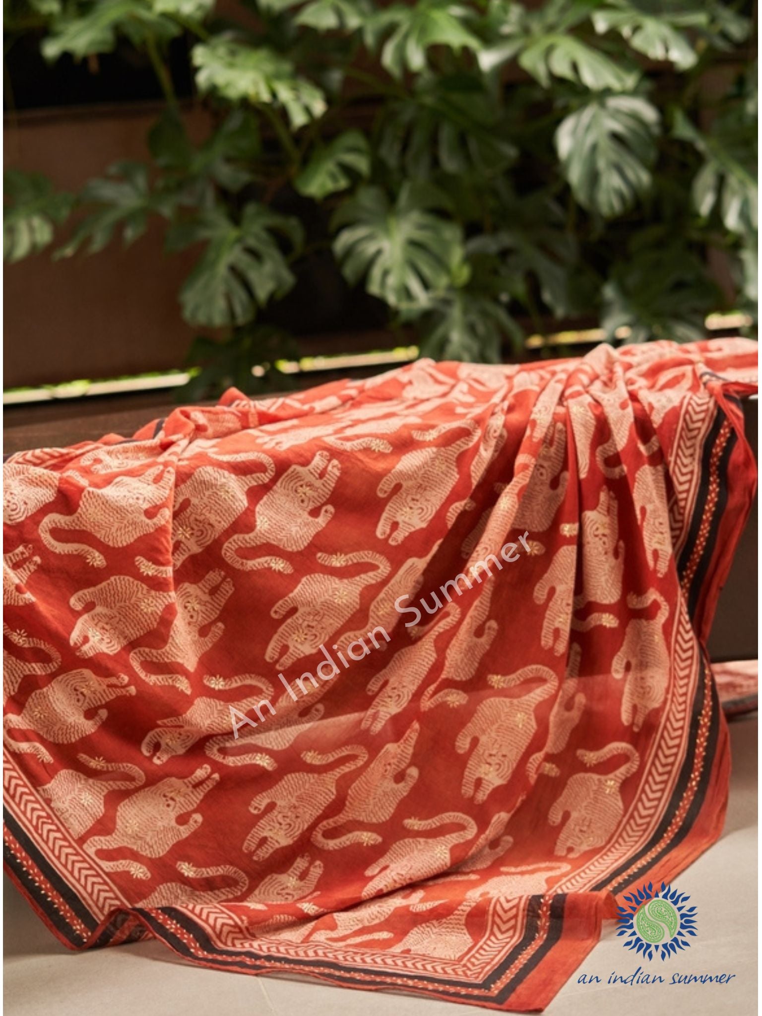 Madder Red Tiger Sarong Pareo | Natural Dyed Plant Dye | Abstract Tiger Design Block Print | Hand Block Printed | Soft Cotton Voile | An Indian Summer | Luxury Resortwear Swimwear Beachwear | Seasonless Timeless Sustainable Ethical Authentic Artisan Conscious Clothing Lifestyle Brand