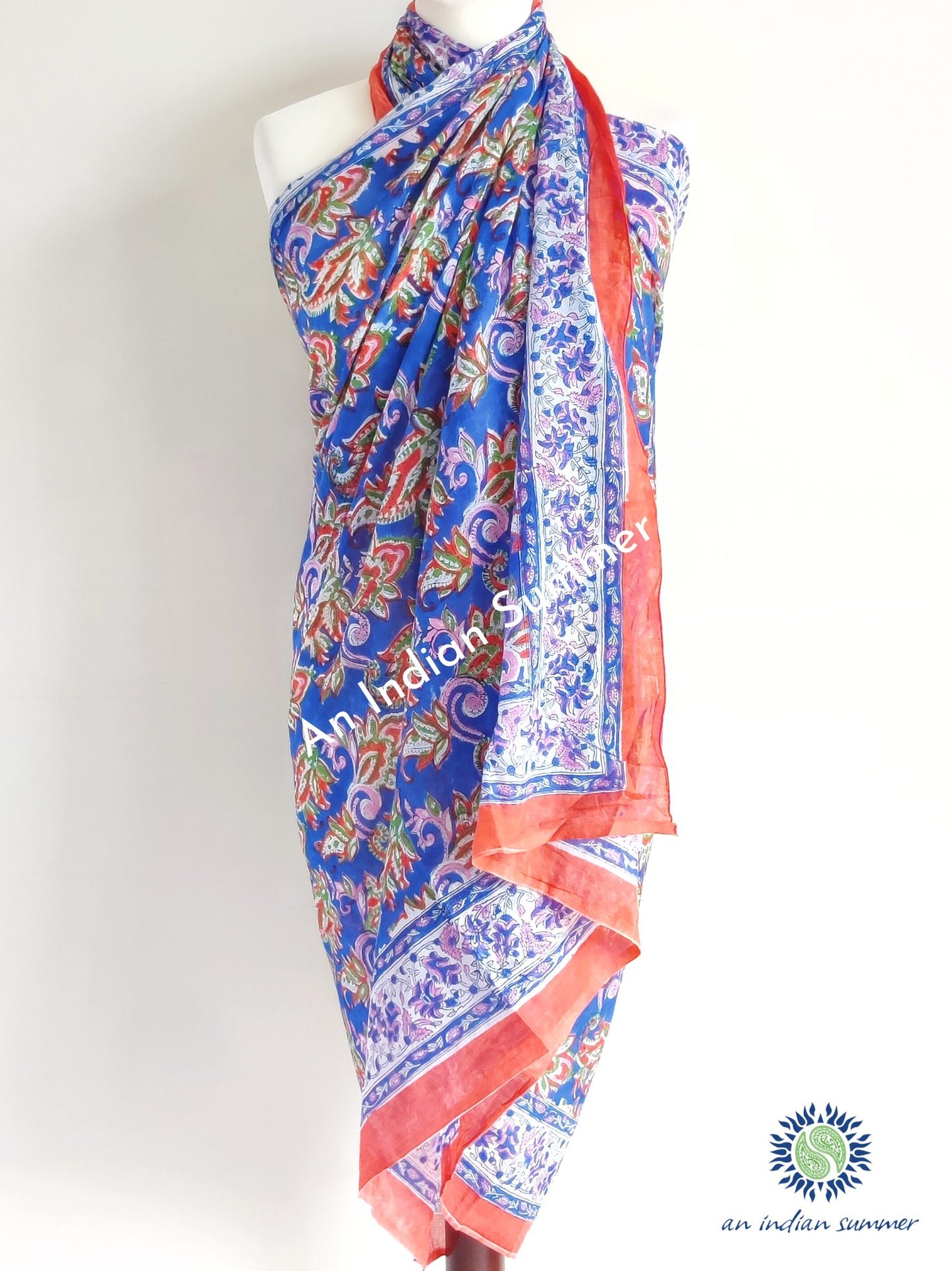 Anuradha Sarong Pareo | Blue Paisley Design | Hand Block Printed | Soft Cotton Voile | An Indian Summer | Seasonless Timeless Sustainable Ethical Authentic Artisan Conscious Clothing Lifestyle Brand