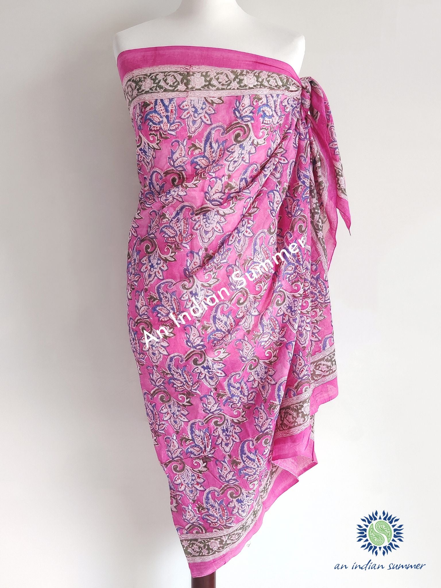 Anuradha Sarong Pareo | Pink Paisley Design | Hand Block Printed | Soft Cotton Voile | An Indian Summer | Seasonless Timeless Sustainable Ethical Authentic Artisan Conscious Clothing Lifestyle Brand