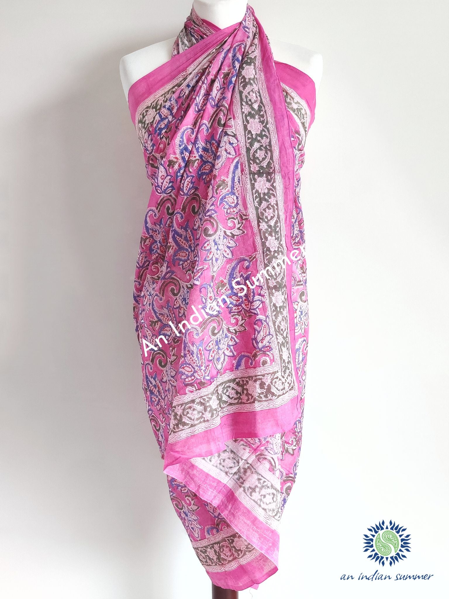 Anuradha Sarong Pareo | Pink Paisley Design | Hand Block Printed | Soft Cotton Voile | An Indian Summer | Seasonless Timeless Sustainable Ethical Authentic Artisan Conscious Clothing Lifestyle Brand