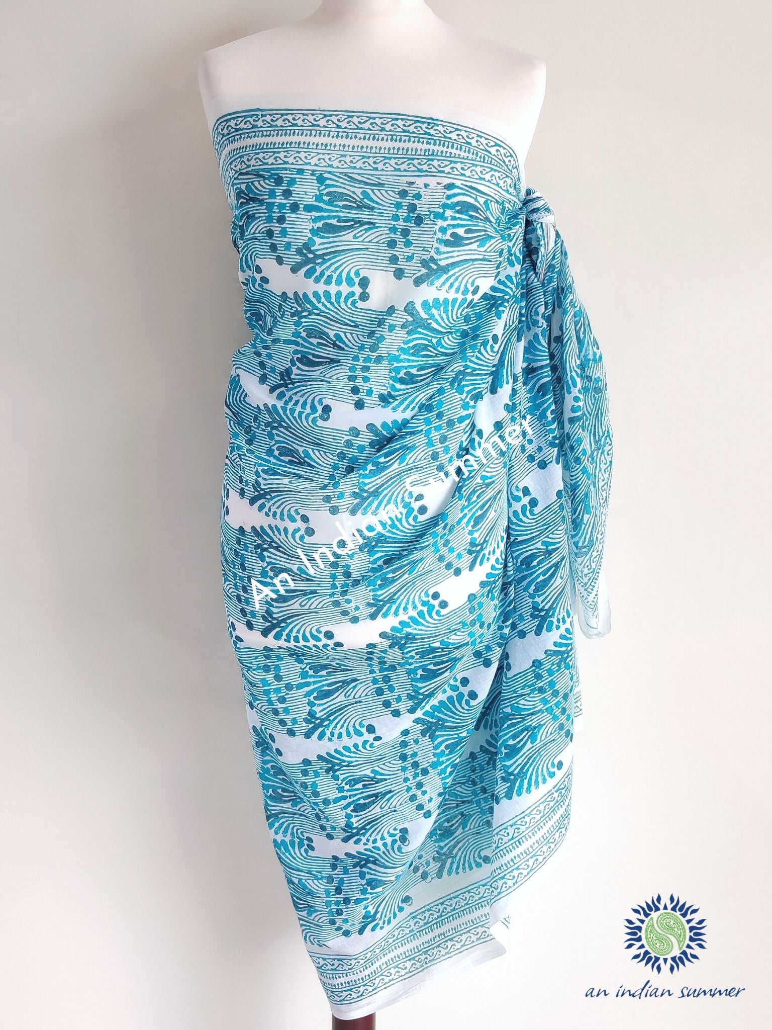 Elements Sarong Pareo | Water Agua | Teal Aqua Abstract Print | Hand Block Printed | Soft Cotton Voile | An Indian Summer | Seasonless Timeless Sustainable Ethical Authentic Artisan Conscious Clothing Lifestyle Brand
