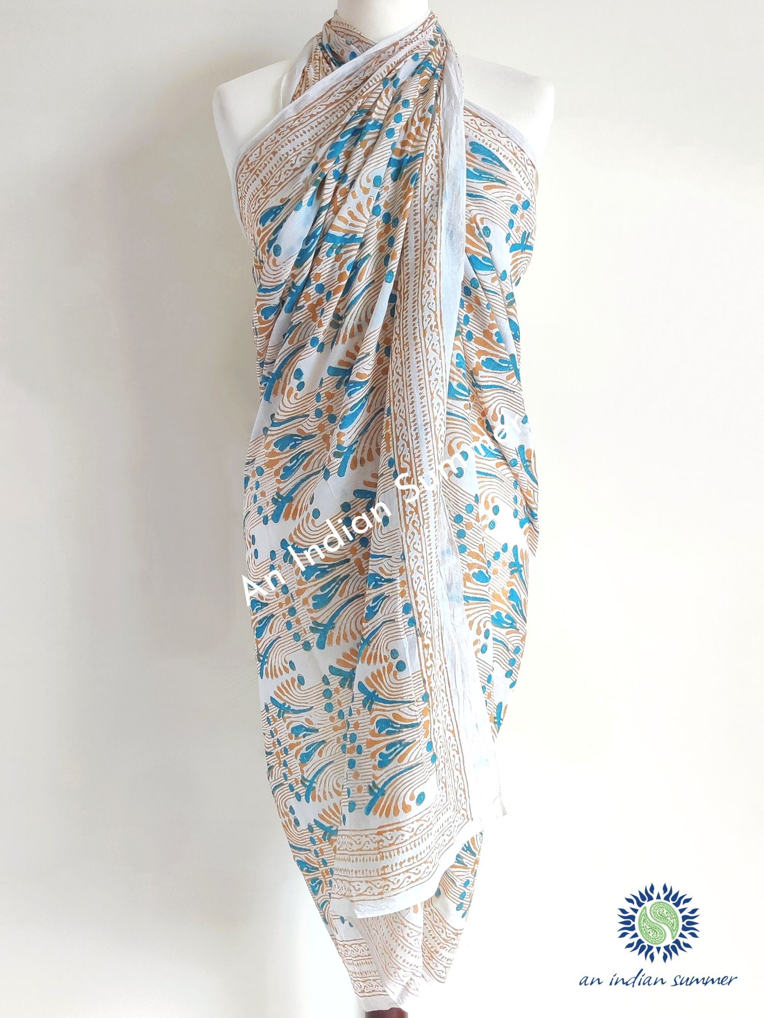 Elements Sarong Pareo | Earth Tierra | Beige Teal Abstract Print | Hand Block Printed | Soft Cotton Voile | An Indian Summer | Seasonless Timeless Sustainable Ethical Authentic Artisan Conscious Clothing Lifestyle Brand