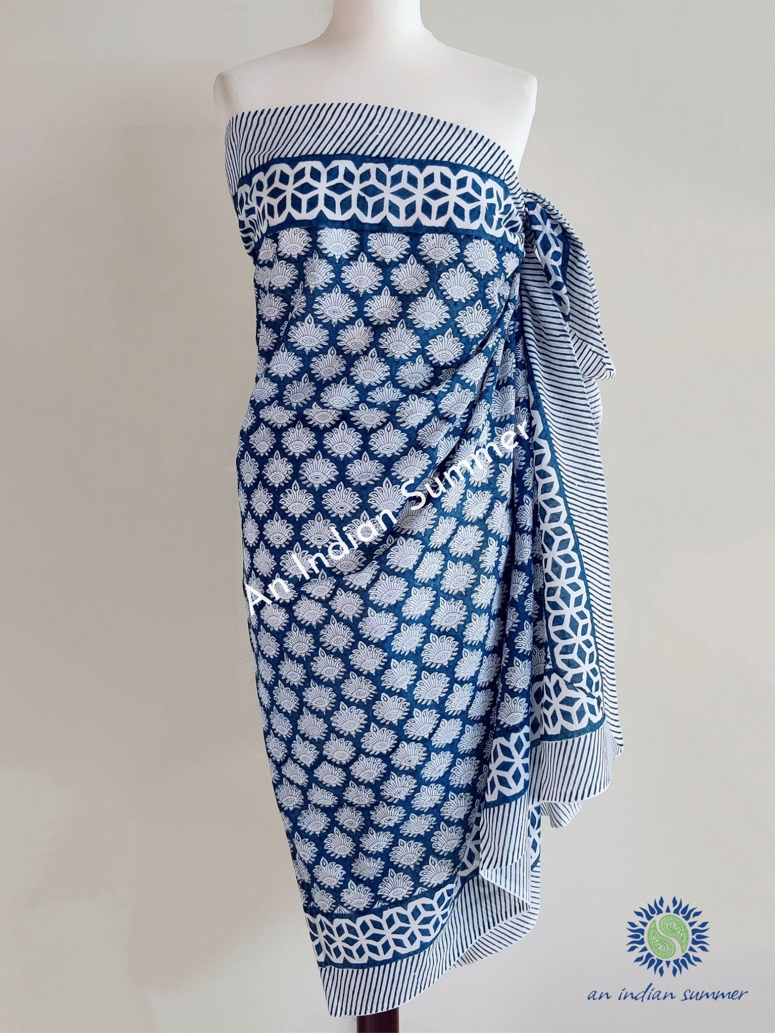 Fern Sarong Pareo | Navy Blue | Hand Block Printed | Soft Cotton Voile | An Indian Summer | Resortwear Swimwear Beachwear | Seasonless Timeless Sustainable Ethical Authentic Artisan Conscious Clothing Lifestyle Brand