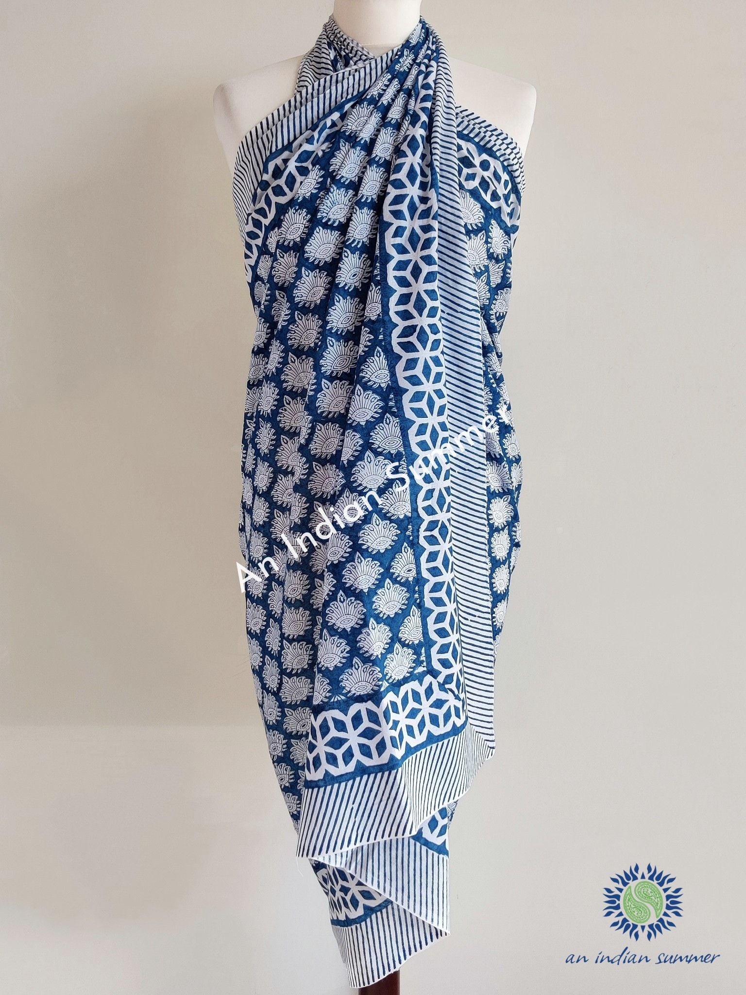 Fern Sarong Pareo | Navy Blue | Hand Block Printed | Soft Cotton Voile | An Indian Summer | Resortwear Swimwear Beachwear | Seasonless Timeless Sustainable Ethical Authentic Artisan Conscious Clothing Lifestyle Brand