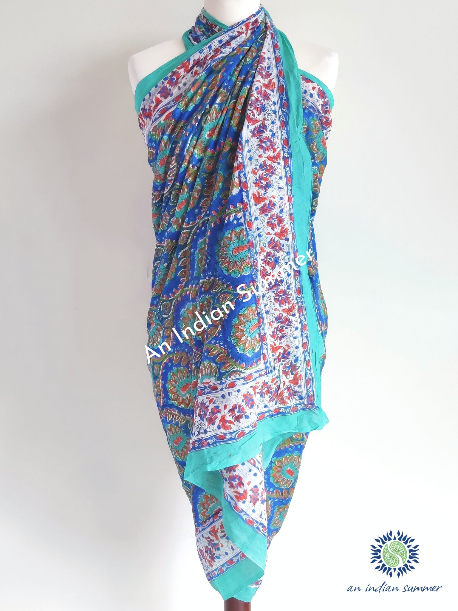 Lavanya Sarong Pareo | Blue Tile Print | Hand Block Printed | Soft Cotton Voile | An Indian Summer | Seasonless Timeless Sustainable Ethical Authentic Artisan Conscious Clothing Lifestyle Brand