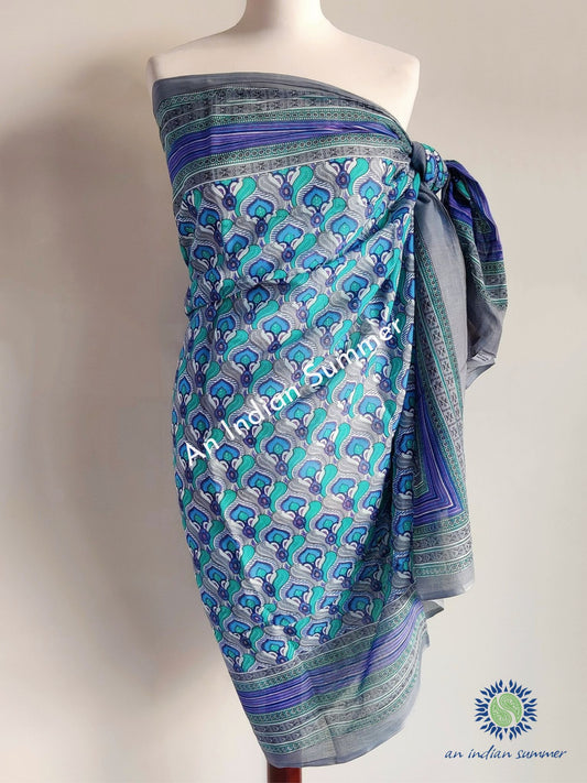 Peacock Sarong Pareo | Grey | Hand Block Printed | Soft Cotton Voile | An Indian Summer | Seasonless Timeless Sustainable Ethical Authentic Artisan Conscious Clothing Lifestyle Brand