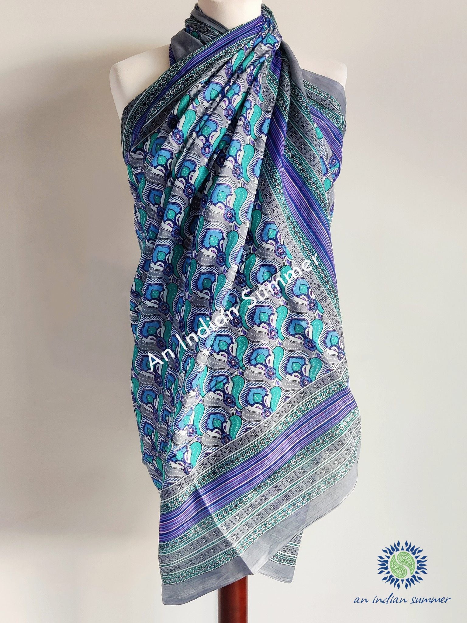 Peacock Sarong Pareo | Grey | Hand Block Printed | Soft Cotton Voile | An Indian Summer | Seasonless Timeless Sustainable Ethical Authentic Artisan Conscious Clothing Lifestyle Brand