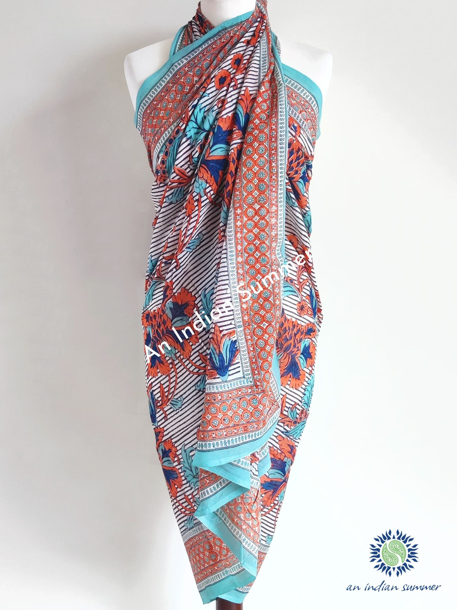 Seville Sarong Pareo | Blue & Orange Floral & Stripe Print | Hand Block Printed | Soft Cotton Voile | An Indian Summer | Seasonless Timeless Sustainable Ethical Authentic Artisan Conscious Clothing Lifestyle Brand