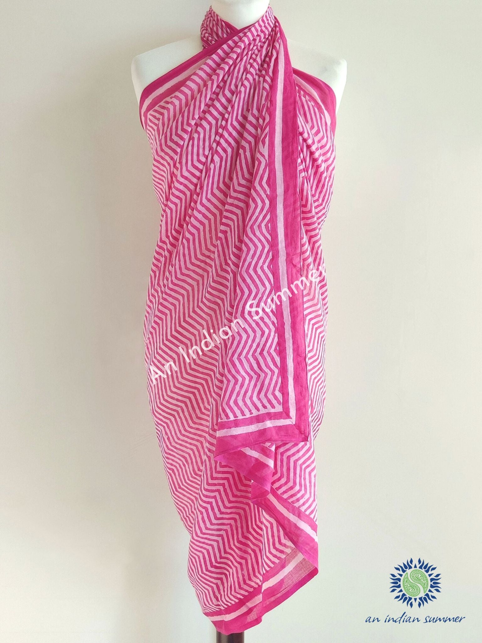 Wavy Zigzag Sarong Pareo | Pink | Hand Block Printed | Soft Cotton Voile | An Indian Summer | Seasonless Timeless Sustainable Ethical Authentic Artisan Conscious Clothing Lifestyle Brand