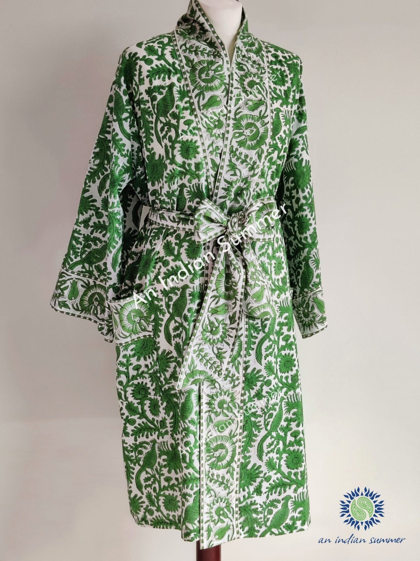Short Kimono Robe | Birdsong | Green | Wood Block Print | Hand Block Printed | Cotton | An Indian Summer | Seasonless Timeless Sustainable Ethical Authentic Artisan Conscious Clothing Lifestyle Brand