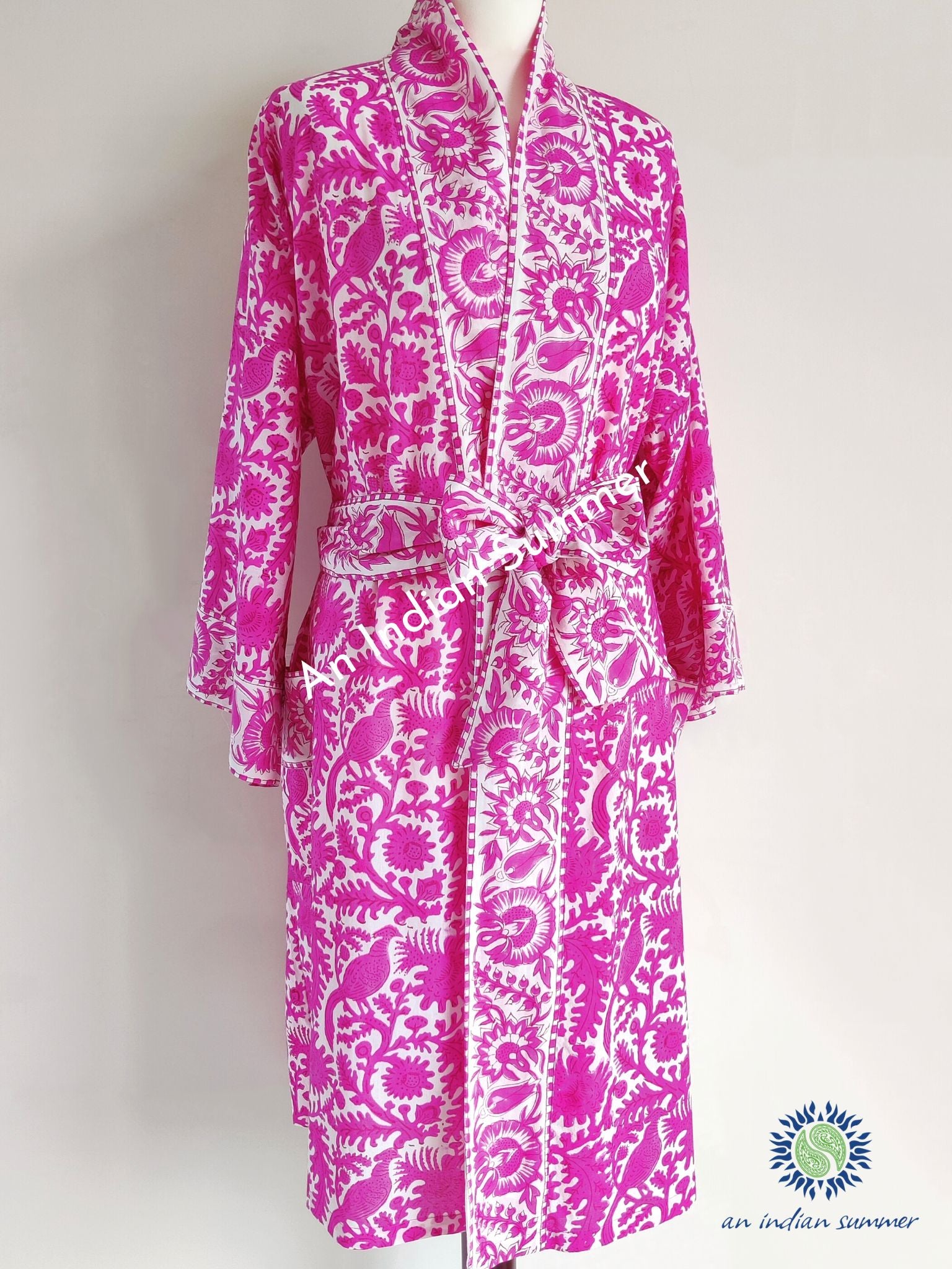 Kimono Robe | Birdsong | Pink | Wood Block Print | Hand Block Printed | Cotton | An Indian Summer | Seasonless Timeless Sustainable Ethical Authentic Artisan Conscious Clothing Lifestyle Brand