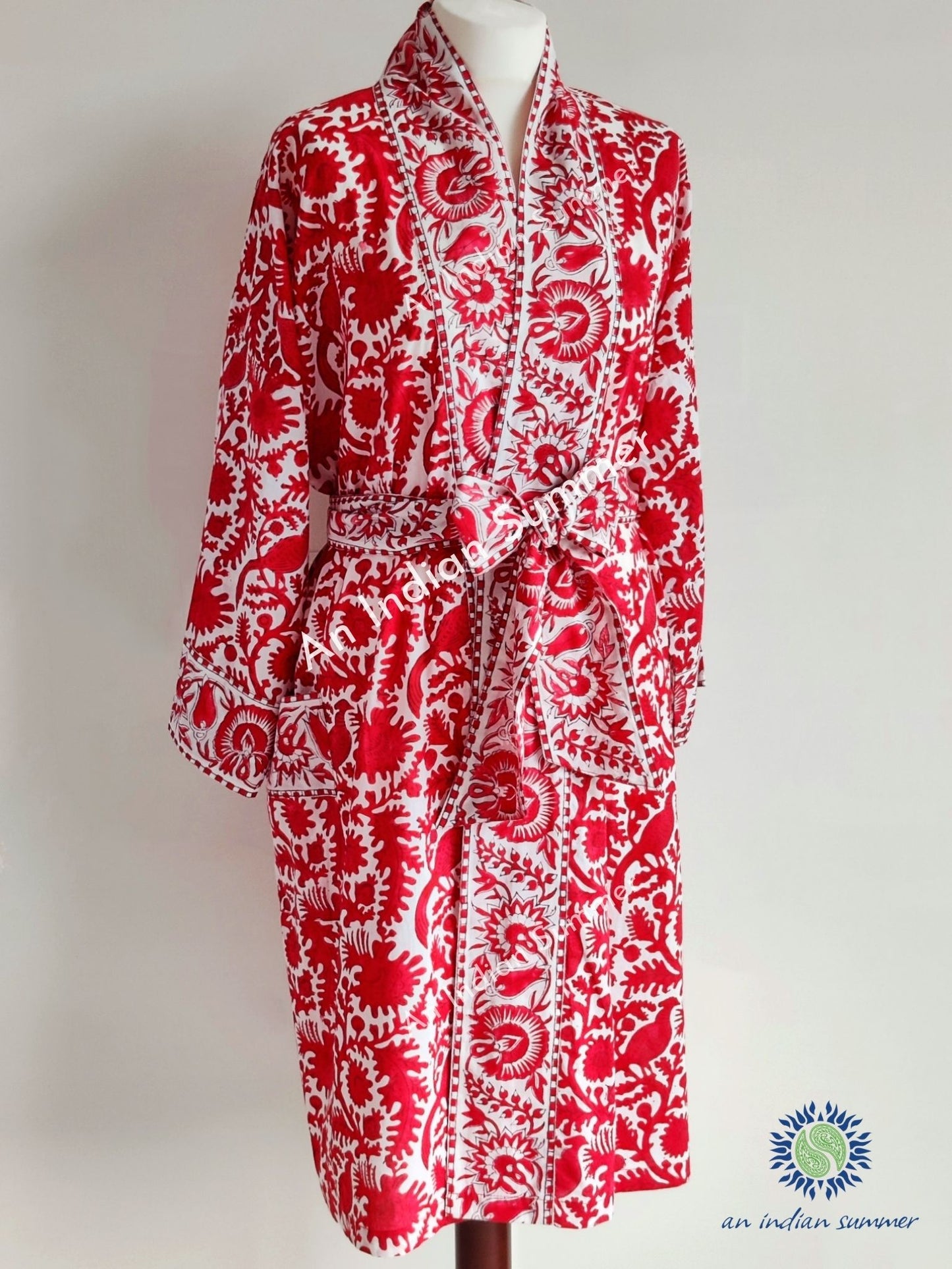 Lounge Set Birdsong Red | Short Kimono Robe & Lounge Pants | Hand Block Printed | Cotton | An Indian Summer | Seasonless Timeless Sustainable Ethical Authentic Artisan Conscious Clothing Lifestyle Brand