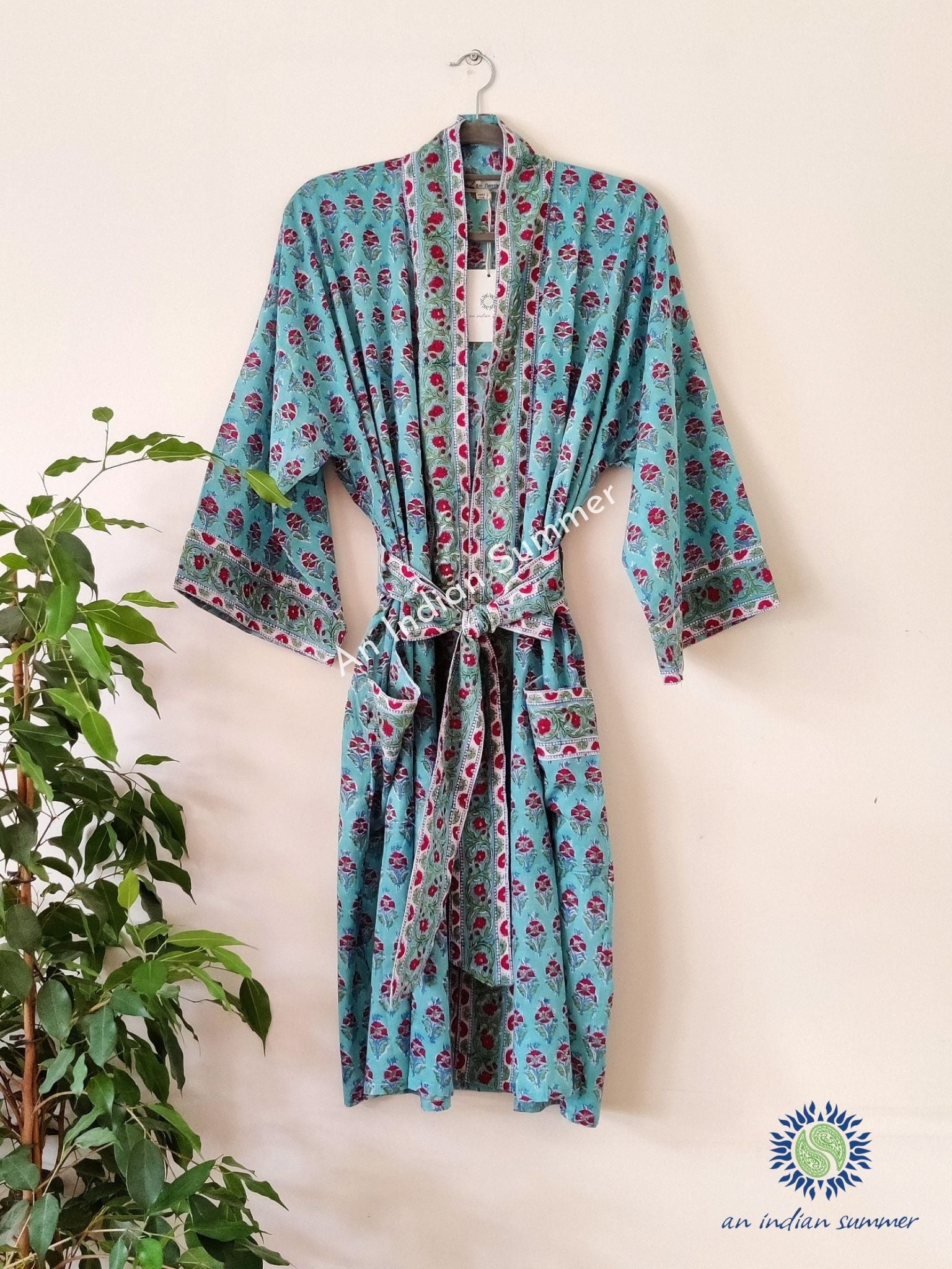 Lounge Set Jasmine Aqua | Short Kimono Robe & Lounge Pants | Hand Block Printed | Cotton | An Indian Summer | Seasonless Timeless Sustainable Ethical Authentic Artisan Conscious Clothing Lifestyle Brand