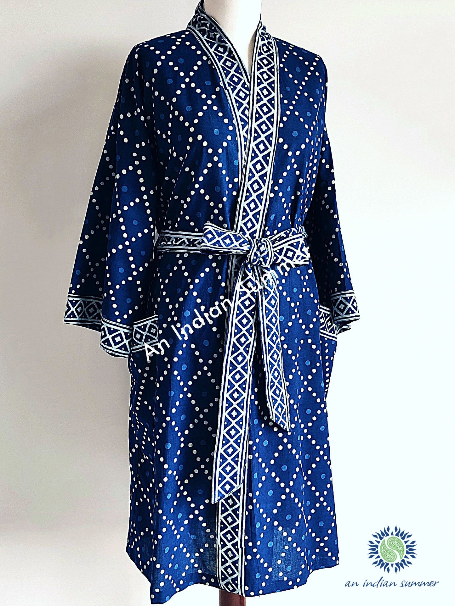 Short Kimono Robe | Natural Indigo Dyed Plant Dye | Dots Design Block Print | Hand Block Printed | Cotton Voile | An Indian Summer | Seasonless Timeless Sustainable Ethical Authentic Artisan Conscious Clothing Lifestyle Brand