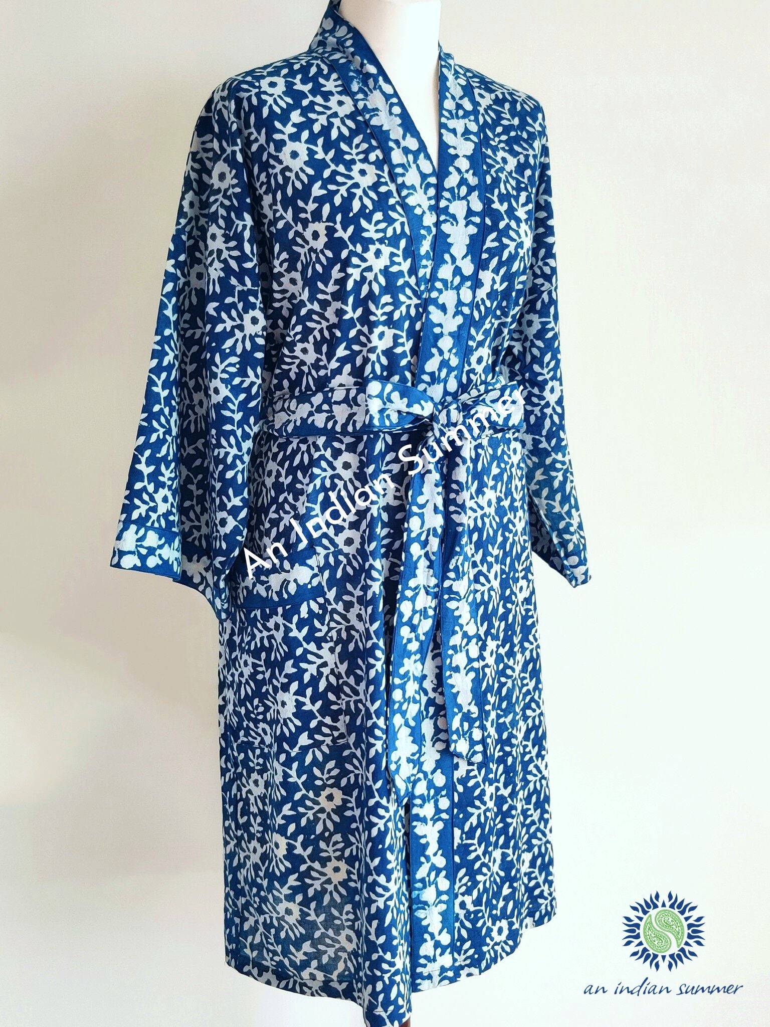 Short Kimono Robe | Natural Indigo Dyed Plant Dye | Floral Design Block Print | Hand Block Printed | Cotton Voile | An Indian Summer | Seasonless Timeless Sustainable Ethical Authentic Artisan Conscious Clothing Lifestyle Brand