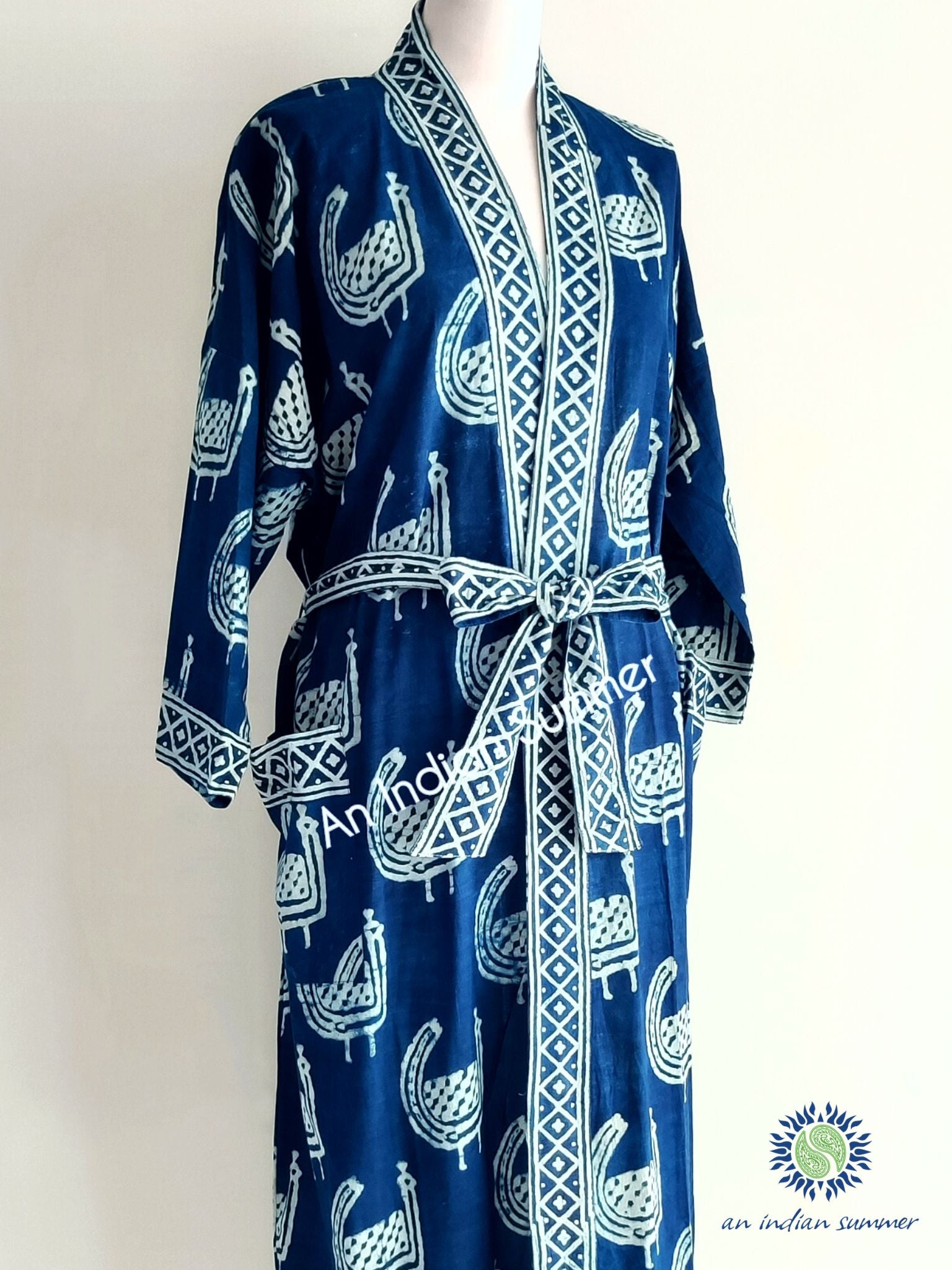 Short Kimono Robe | Natural Indigo Dyed Plant Dye | Peacock Design Block Print | Hand Block Printed | Cotton Voile | An Indian Summer | Seasonless Timeless Sustainable Ethical Authentic Artisan Conscious Clothing Lifestyle Brand