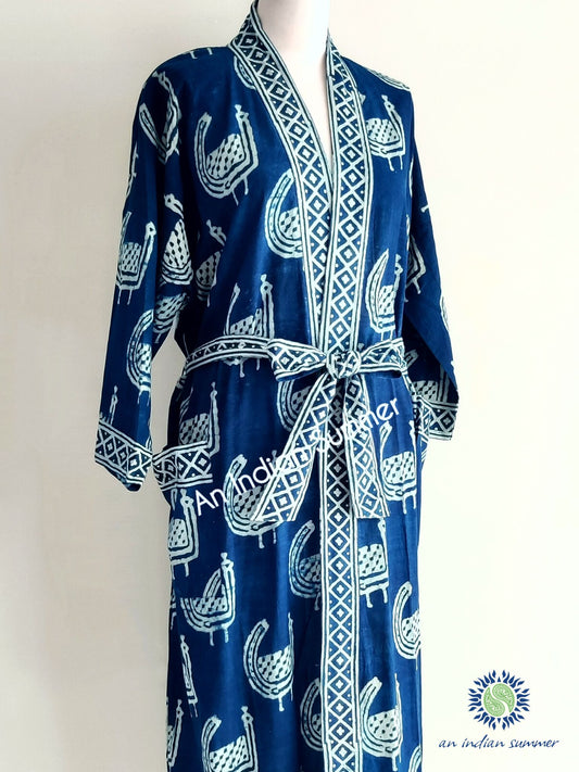 Short Kimono Robe | Natural Indigo Dyed Plant Dye | Peacock Design Abstract Block Print | Hand Block Printed | Cotton Voile | An Indian Summer | Seasonless Timeless Sustainable Ethical Authentic Artisan Conscious Clothing Lifestyle Brand