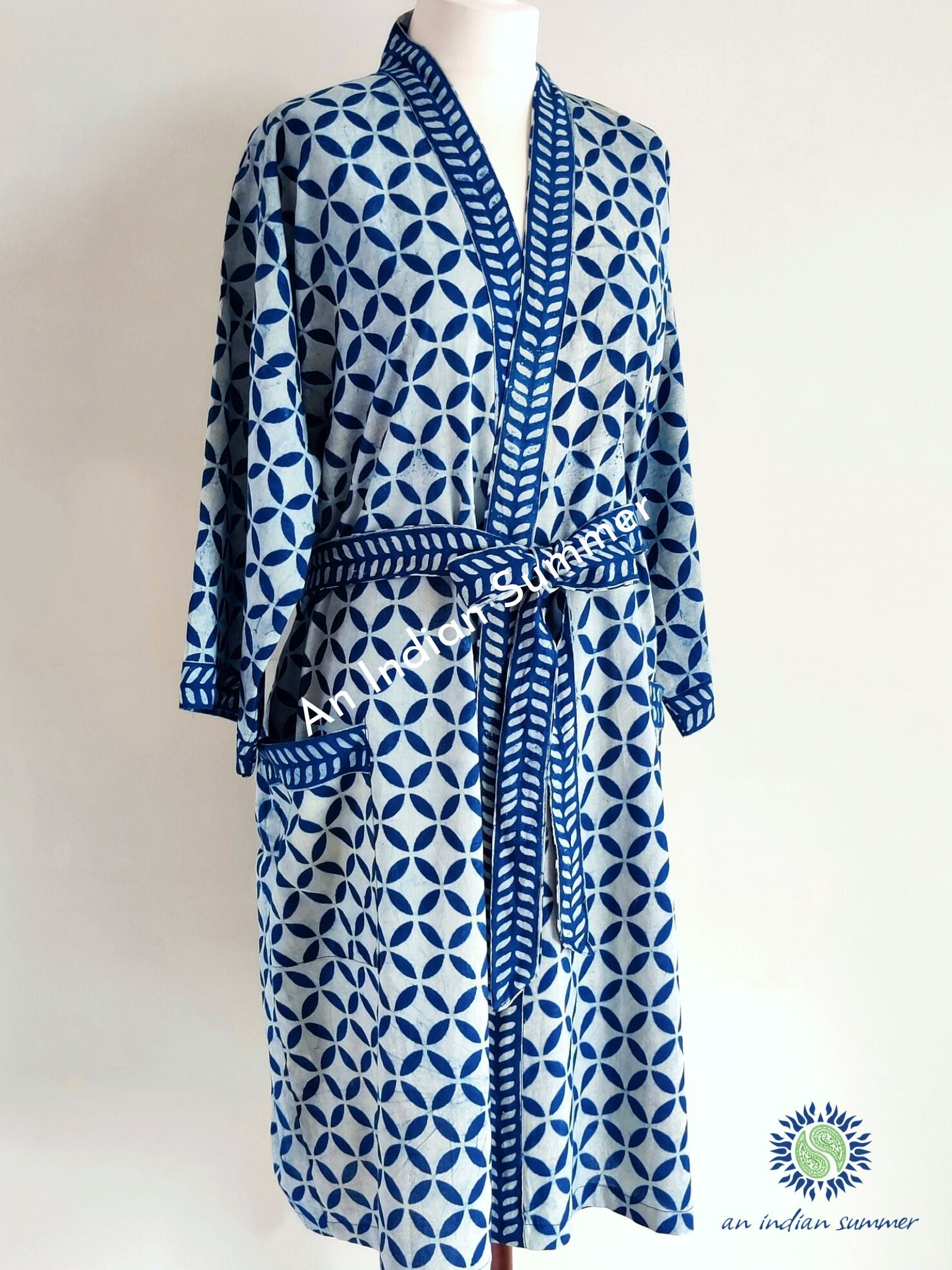 Short Kimono Robe | Natural Indigo Dyed Plant Dye | Petals Design Block Print | Hand Block Printed | Cotton Voile | An Indian Summer | Seasonless Timeless Sustainable Ethical Authentic Artisan Conscious Clothing Lifestyle Brand