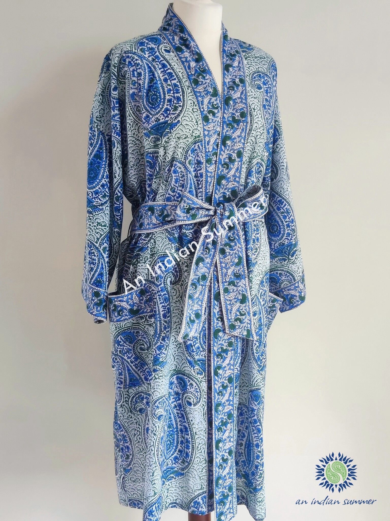 Kimono Robe | Paisley | Blue & Green | Paisley Block Print | Hand Block Printed | Cotton Voile | An Indian Summer | Seasonless Timeless Sustainable Ethical Authentic Artisan Conscious Clothing Lifestyle Brand