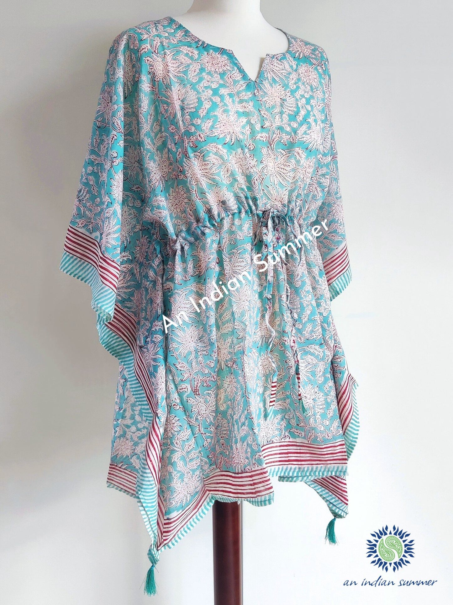 Maya Poncho Kaftan | Aqua | Floral Hand Block Printed | Cotton Voile | An Indian Summer | Seasonless Timeless Sustainable Ethical Authentic Artisan Conscious Clothing Lifestyle Brand