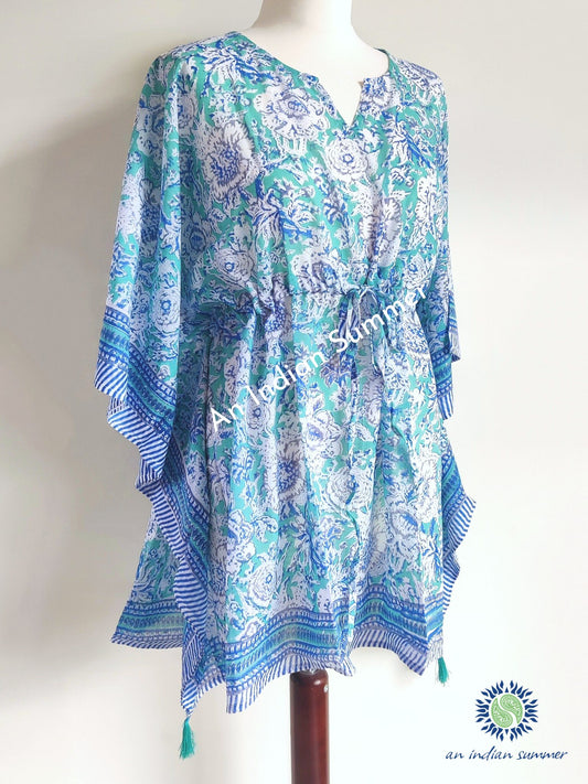 Rose Poncho Kaftan | Aqua | Floral Hand Block Printed | Cotton Voile | An Indian Summer | Seasonless Timeless Sustainable Ethical Authentic Artisan Conscious Clothing Lifestyle Brand