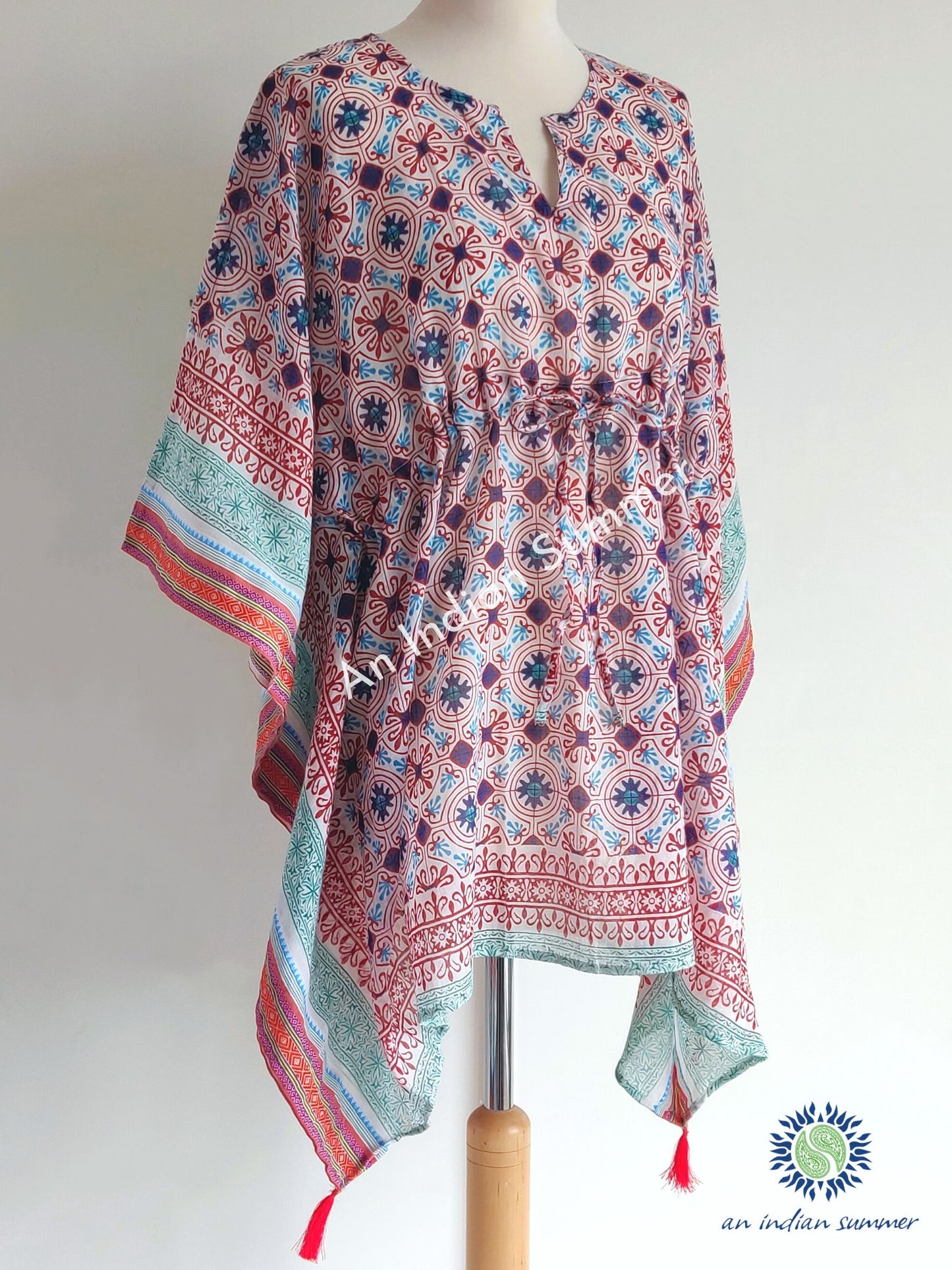 Short Poncho Kaftan Woven Border Tile Print  | Red | Hand Block Printed | Cotton Voile | An Indian Summer | Seasonless Timeless Sustainable Ethical Authentic Artisan Conscious Clothing Lifestyle Brand