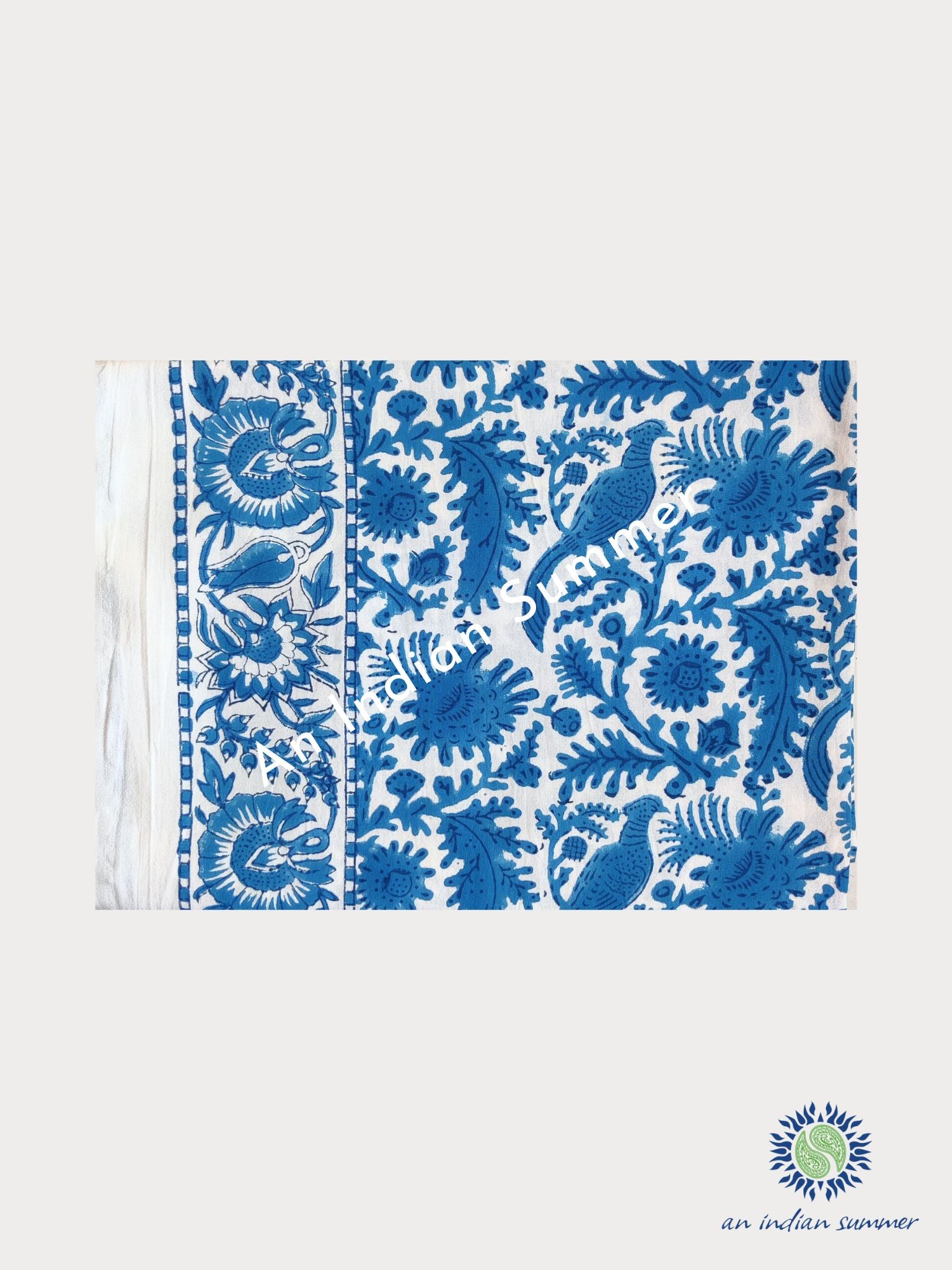 Tablecloth | Birdsong | Blue | Wood Block Print | Hand Block Printed | Cotton | An Indian Summer | Seasonless Timeless Sustainable Ethical Authentic Artisan Conscious Clothing Lifestyle Brand