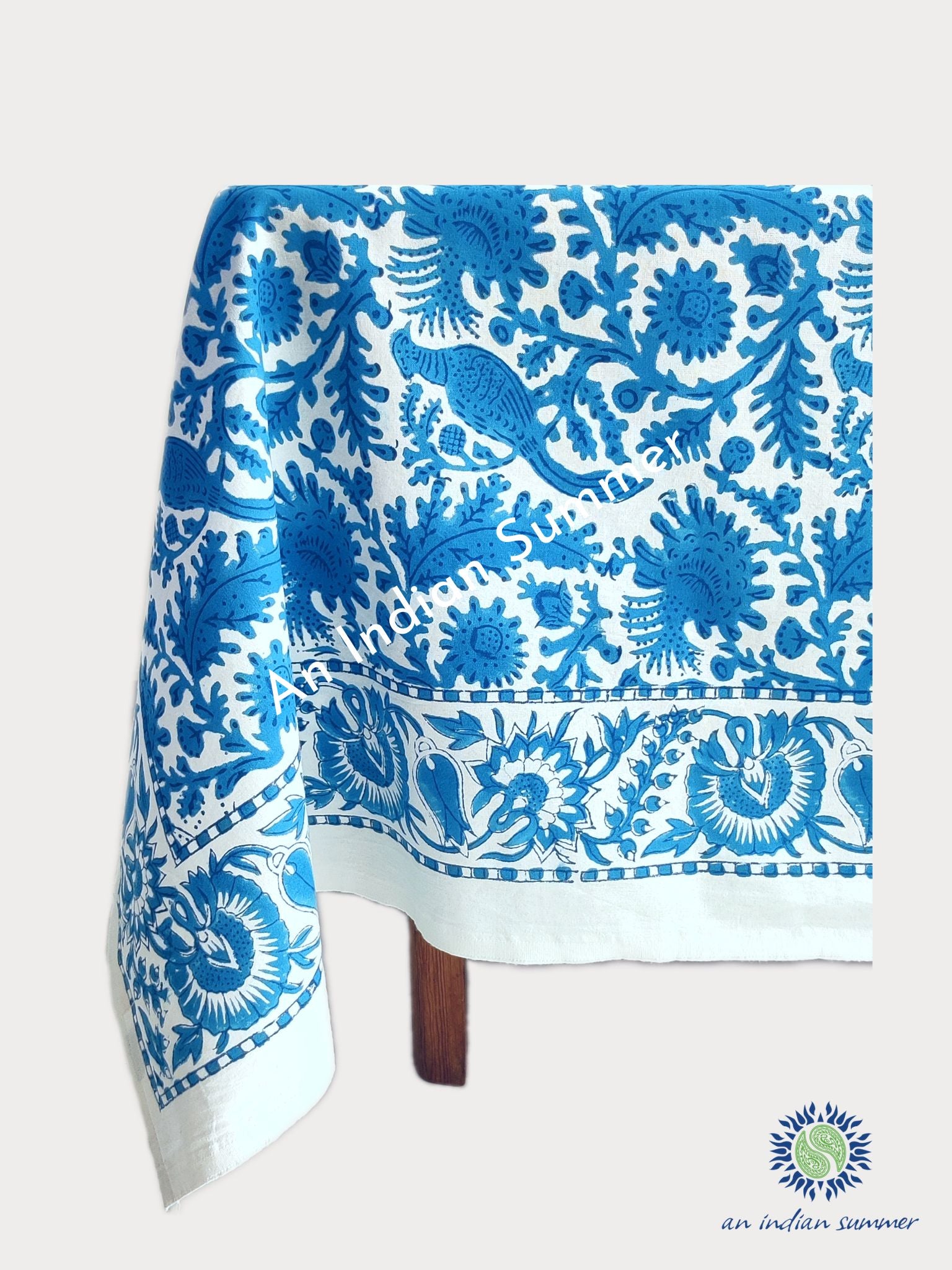 Tablecloth | Birdsong | Blue | Wood Block Print | Hand Block Printed | Cotton | An Indian Summer | Seasonless Timeless Sustainable Ethical Authentic Artisan Conscious Clothing Lifestyle Brand