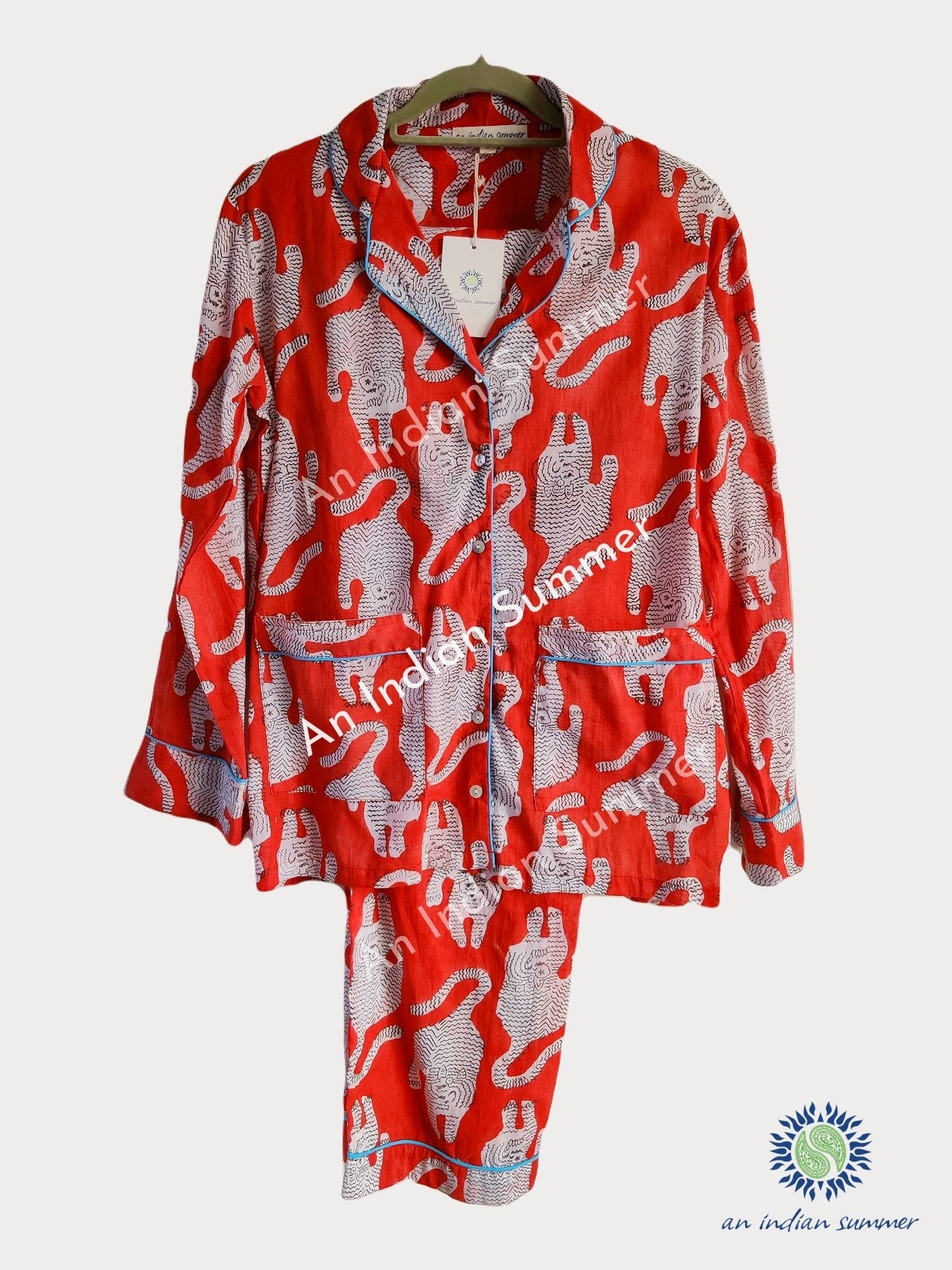 Burnt Orange | Tiger Pyjamas | Long Pyjama Set | Hand Block Printed | Cotton | An Indian Summer | Seasonless Timeless Sustainable Ethical Authentic Artisan Conscious Clothing Lifestyle Brand