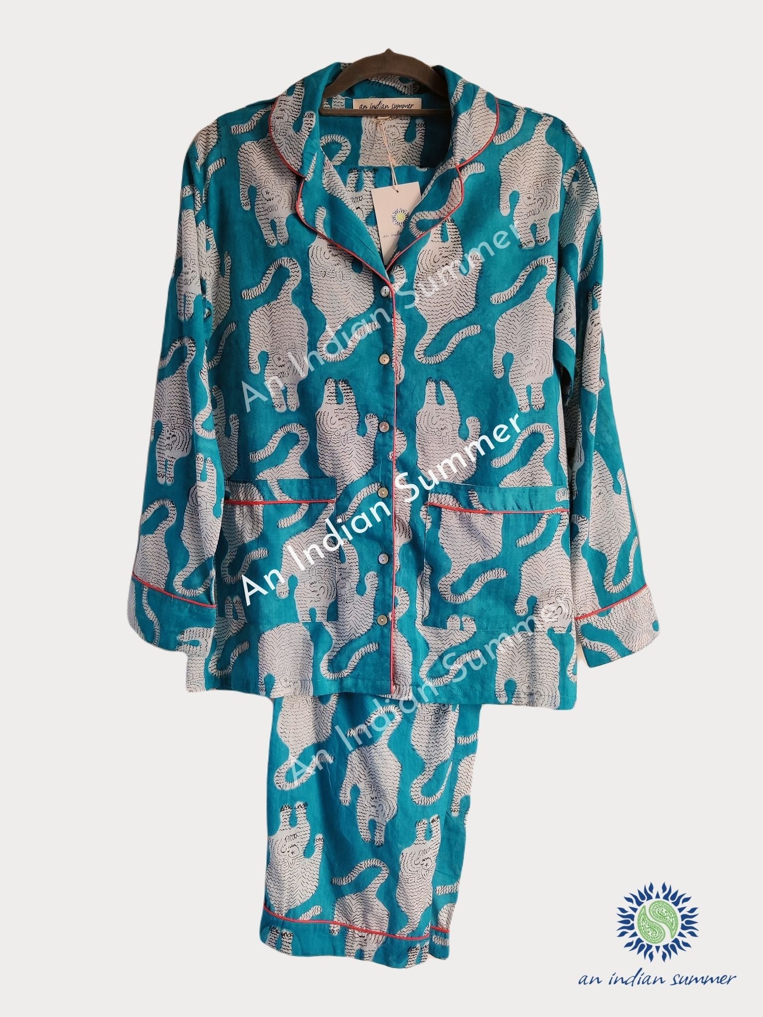 Peacock Blue | Tiger Pyjamas | Long Pyjama Set | Hand Block Printed | Cotton | An Indian Summer | Seasonless Timeless Sustainable Ethical Authentic Artisan Conscious Clothing Lifestyle Brand
