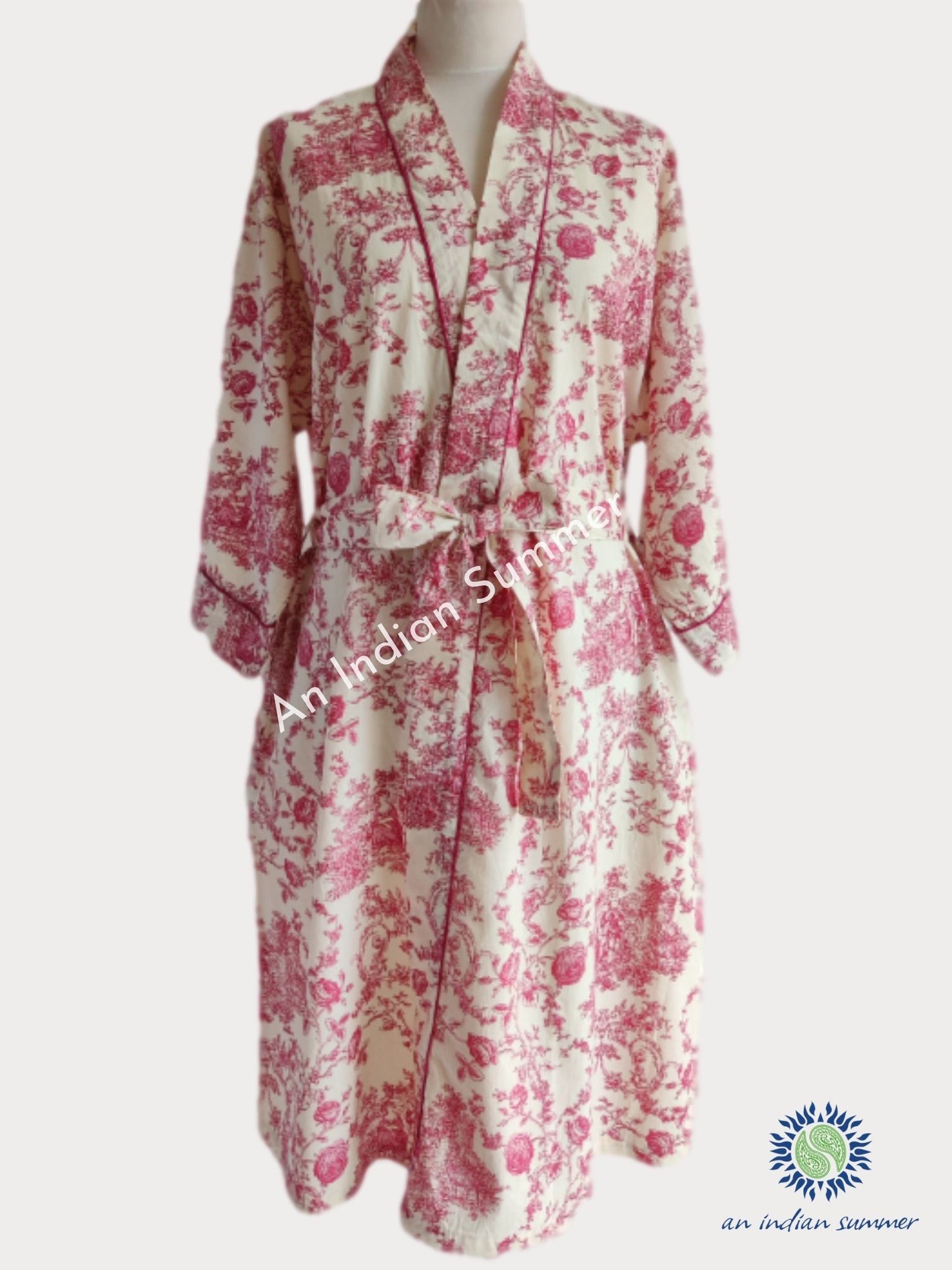 Toile De Jouy | Kimono Robe | Berry Red | Premium Quality Poplin Cotton | An Indian Summer | Seasonless Timeless Sustainable Ethical Authentic Artisan Conscious Clothing Lifestyle Brand