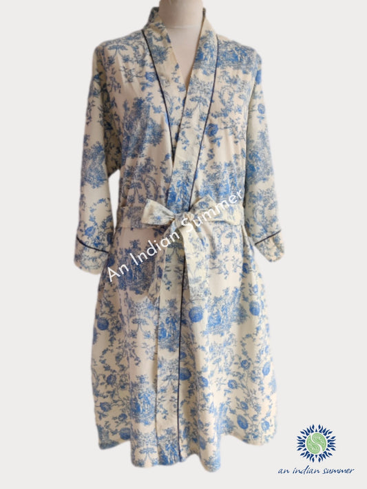 Toile De Jouy | Kimono Robe | French Blue | Premium Quality Poplin Cotton | An Indian Summer | Seasonless Timeless Sustainable Ethical Authentic Artisan Conscious Clothing Lifestyle Brand