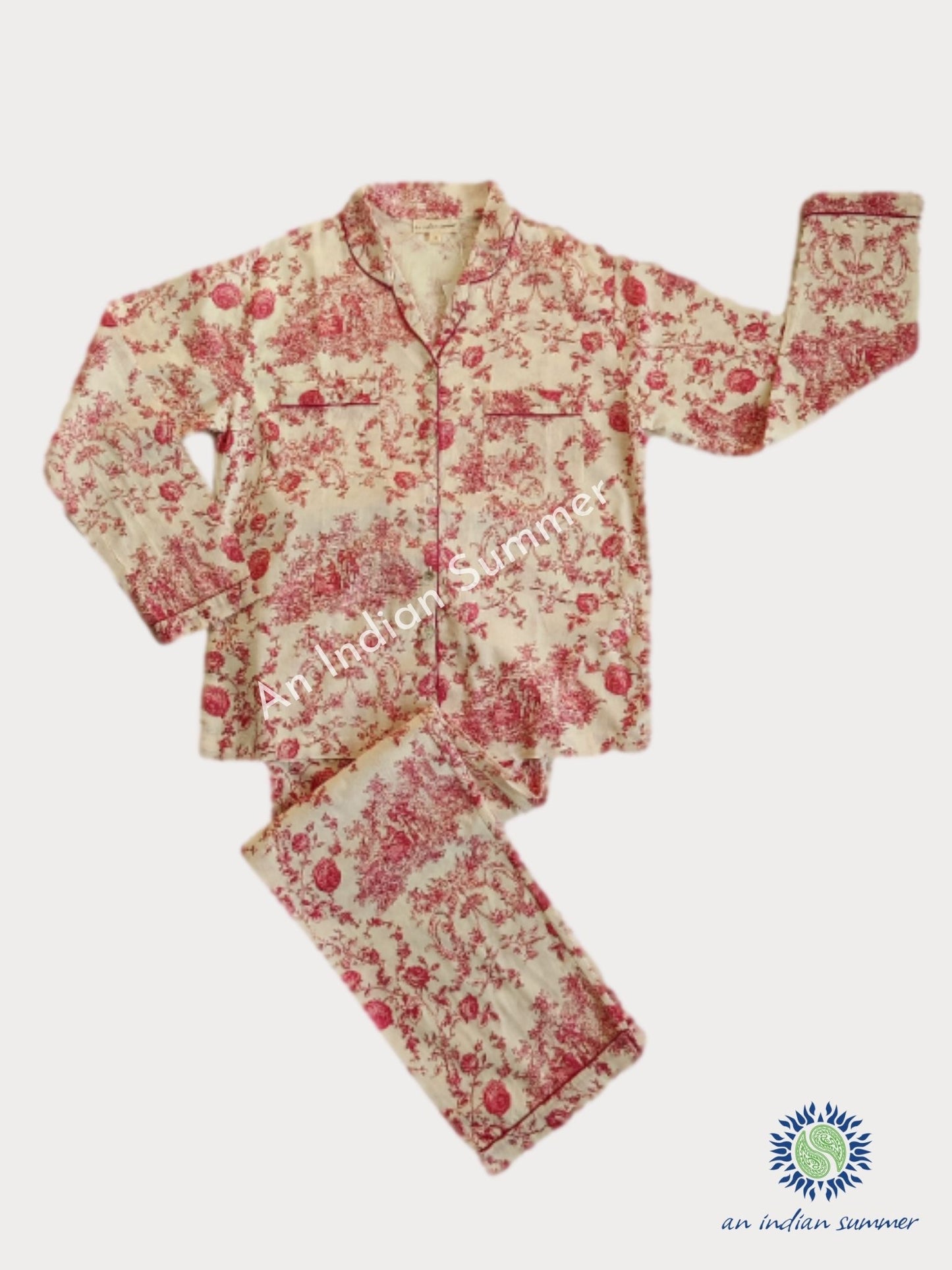 Toile De Jouy | Long Pyjama Set | Berry Red | Premium Quality Poplin Cotton | An Indian Summer | Seasonless Timeless Sustainable Ethical Authentic Artisan Conscious Clothing Lifestyle Brand
